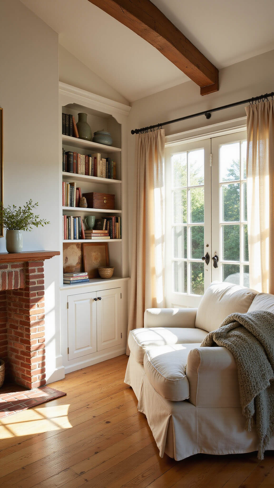 Sunlit cottage living room with cream slipcovered sofa, brick fireplace, exposed beams, and warm natural textures at golden hour.