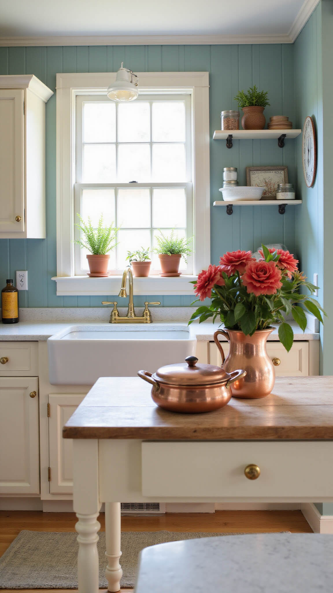 Early morning light fills a cozy 12x12ft cottage kitchen with pale blue beadboard walls, cream cabinets, copper cookware, and vintage accents.