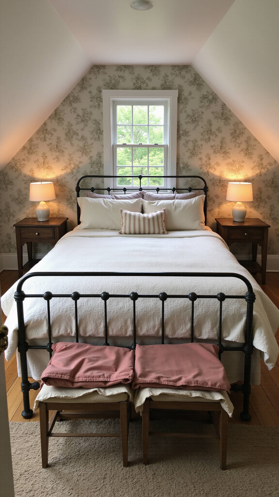 Cozy 10x12ft bedroom with sloped ceiling, vintage iron bed in soft linens, dormer window, floral wallpaper, wooden floors, and warm lamp glow.