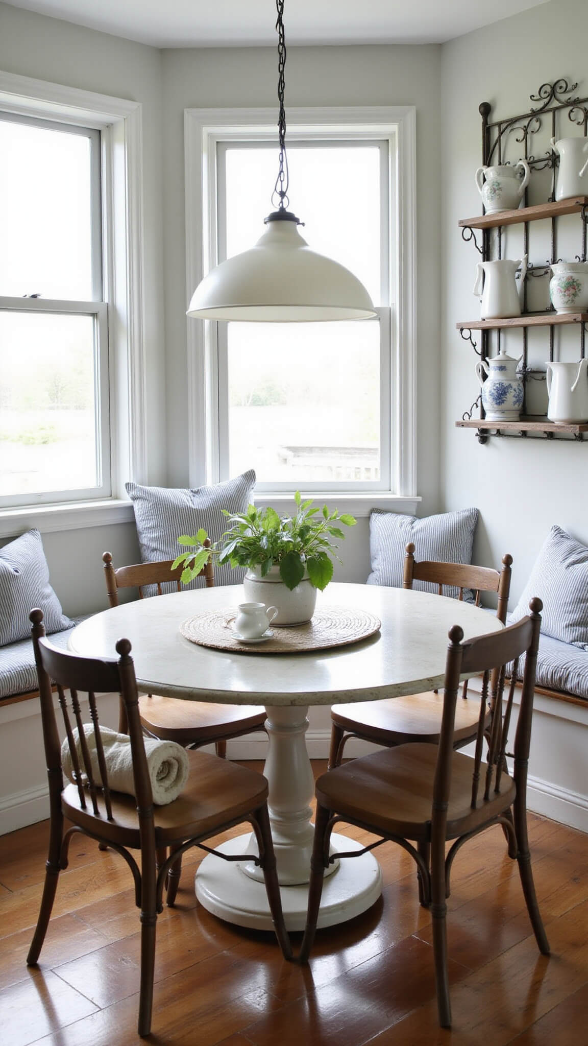 Farmhouse dining nook with round white pedestal table, mixed wooden chairs, striped window seat cushions, vintage pendant light, and ironstone pitchers on wall rack, bathed in afternoon light.