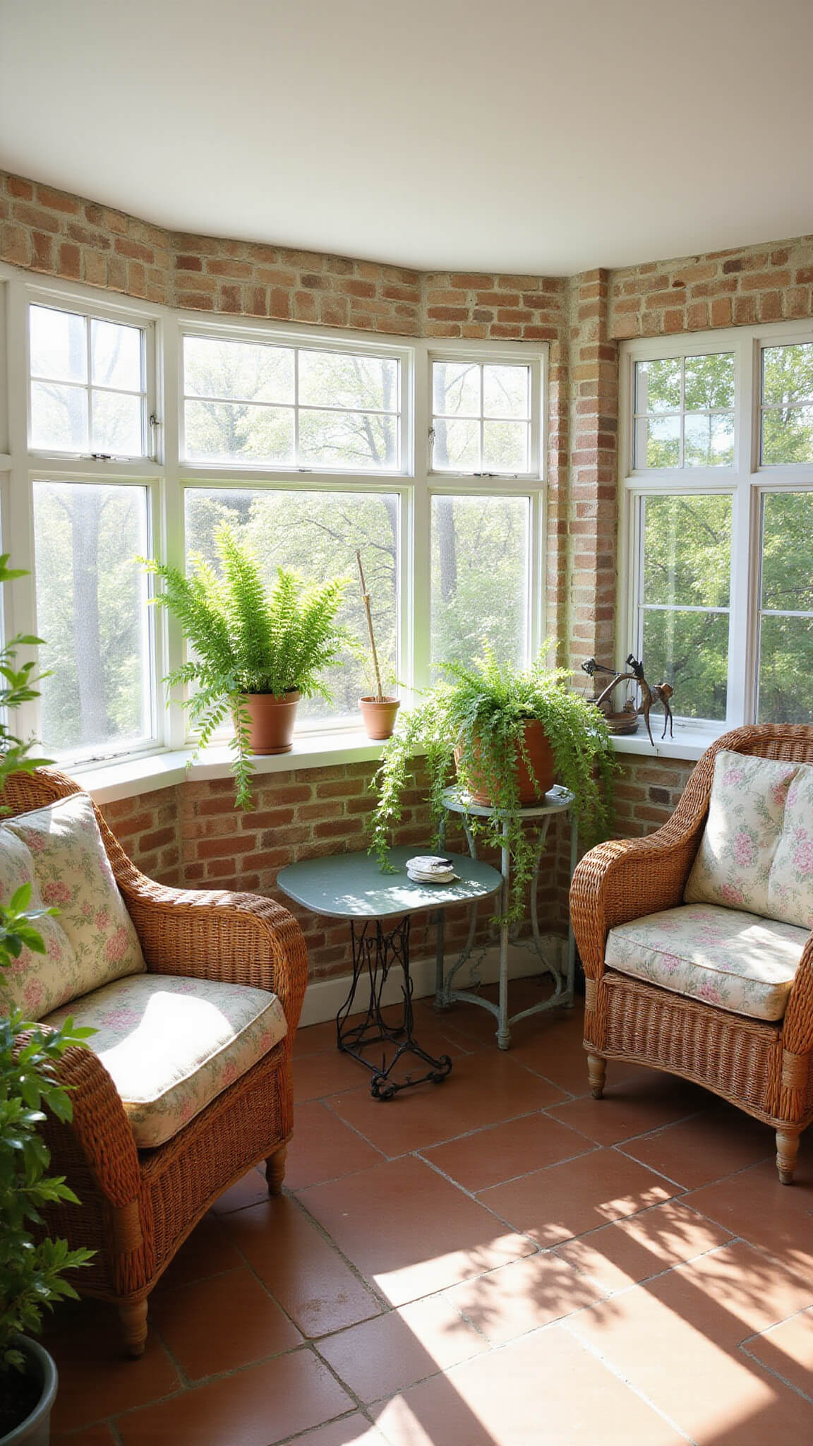 Sunroom with brick walls and terracotta floors, vintage wicker furniture, potted ferns, antique garden tools, and soft afternoon light.