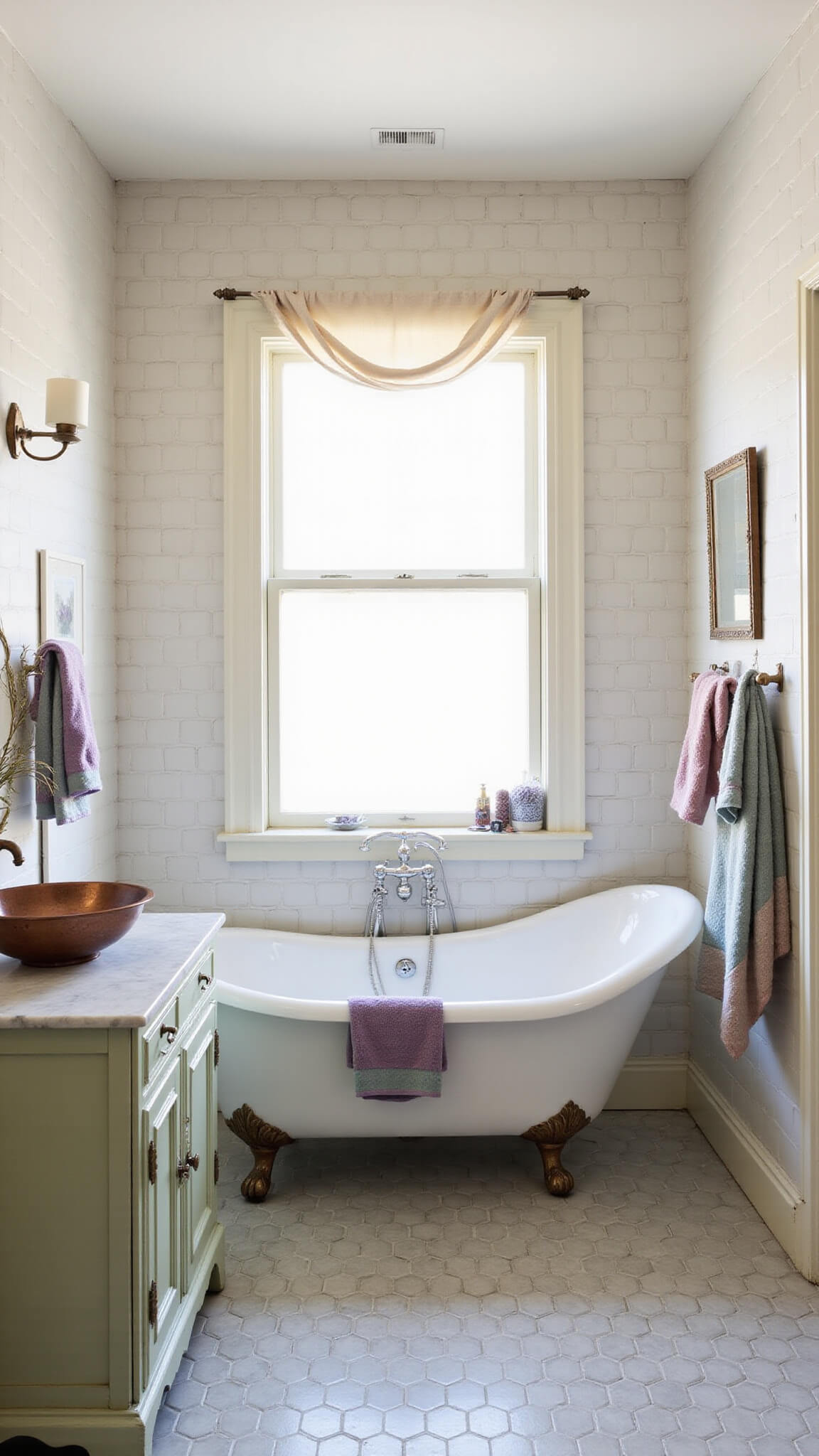 Serene cottage bathroom with clawfoot tub under window, cream and gray tiles, vintage washstand with copper sink, and dried lavender accents.