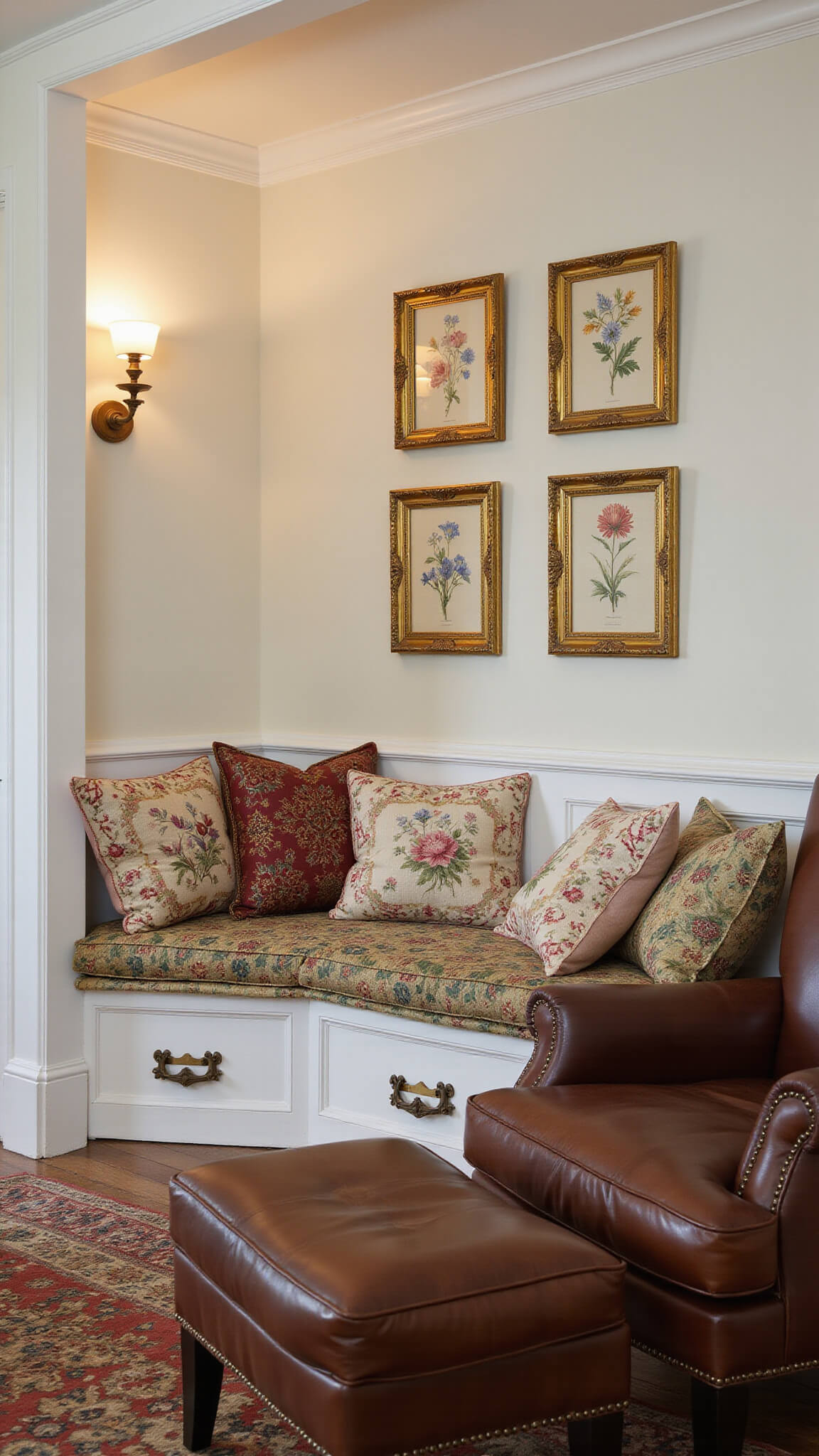 Cozy reading nook under staircase with built-in bench, vintage quilts, needlepoint pillows, brass sconce lighting, botanical prints in gold frames, and weathered leather armchair with footstool.