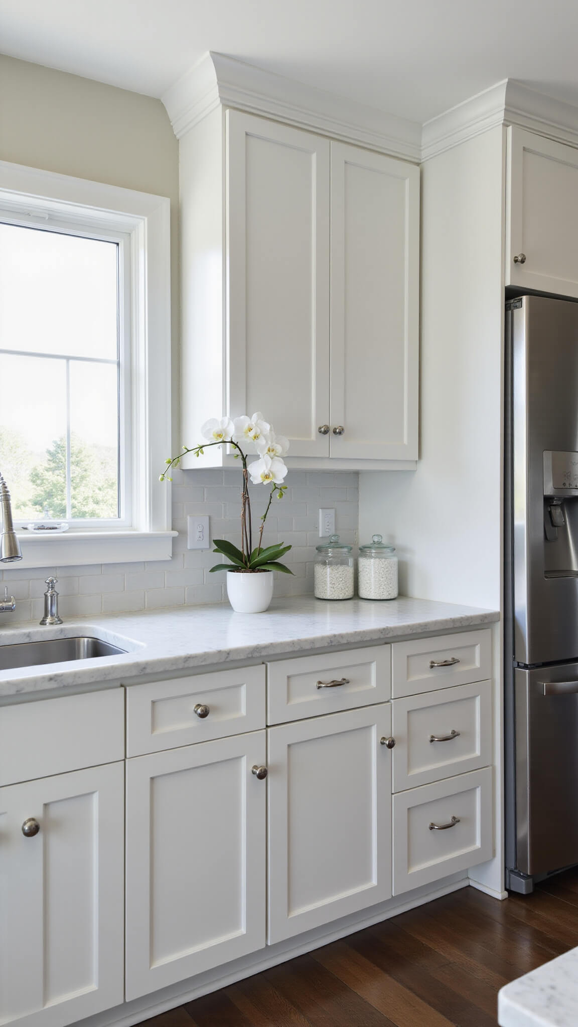 Modern kitchen with white shaker cabinets, black stainless steel appliances, Carrara marble countertops, and natural light from large left window.