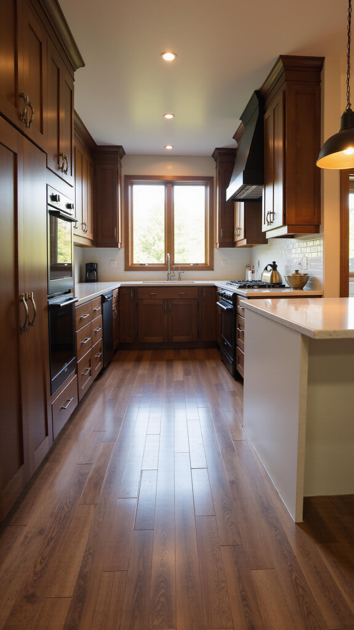 Warm contemporary kitchen with walnut cabinets, black stainless appliances, cream quartz waterfall island, and golden hour lighting through west-facing windows.