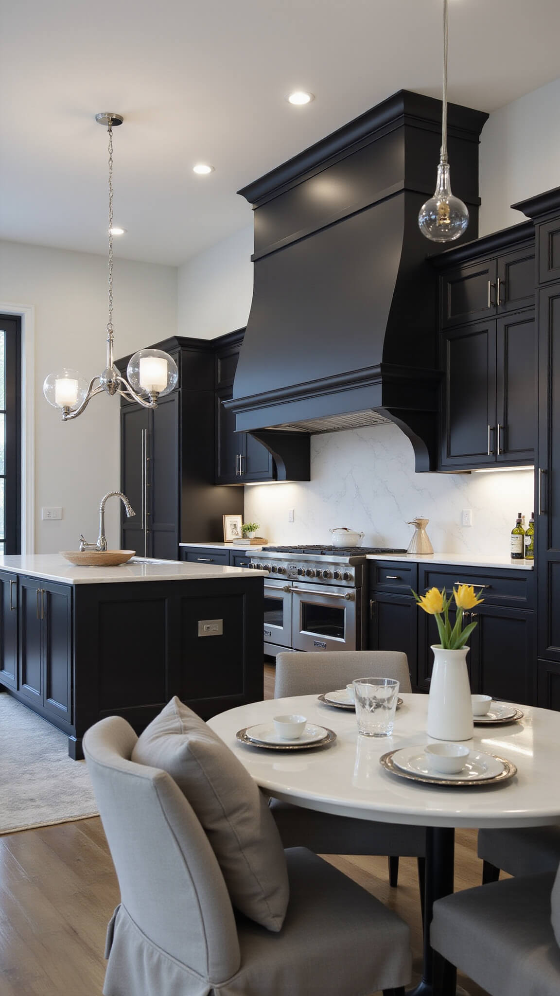 Monochromatic black luxury kitchen with slab cabinets, black stainless appliances, white marble backsplash, chrome accents, and modern chandelier in open 22x18ft space with 12ft ceilings.