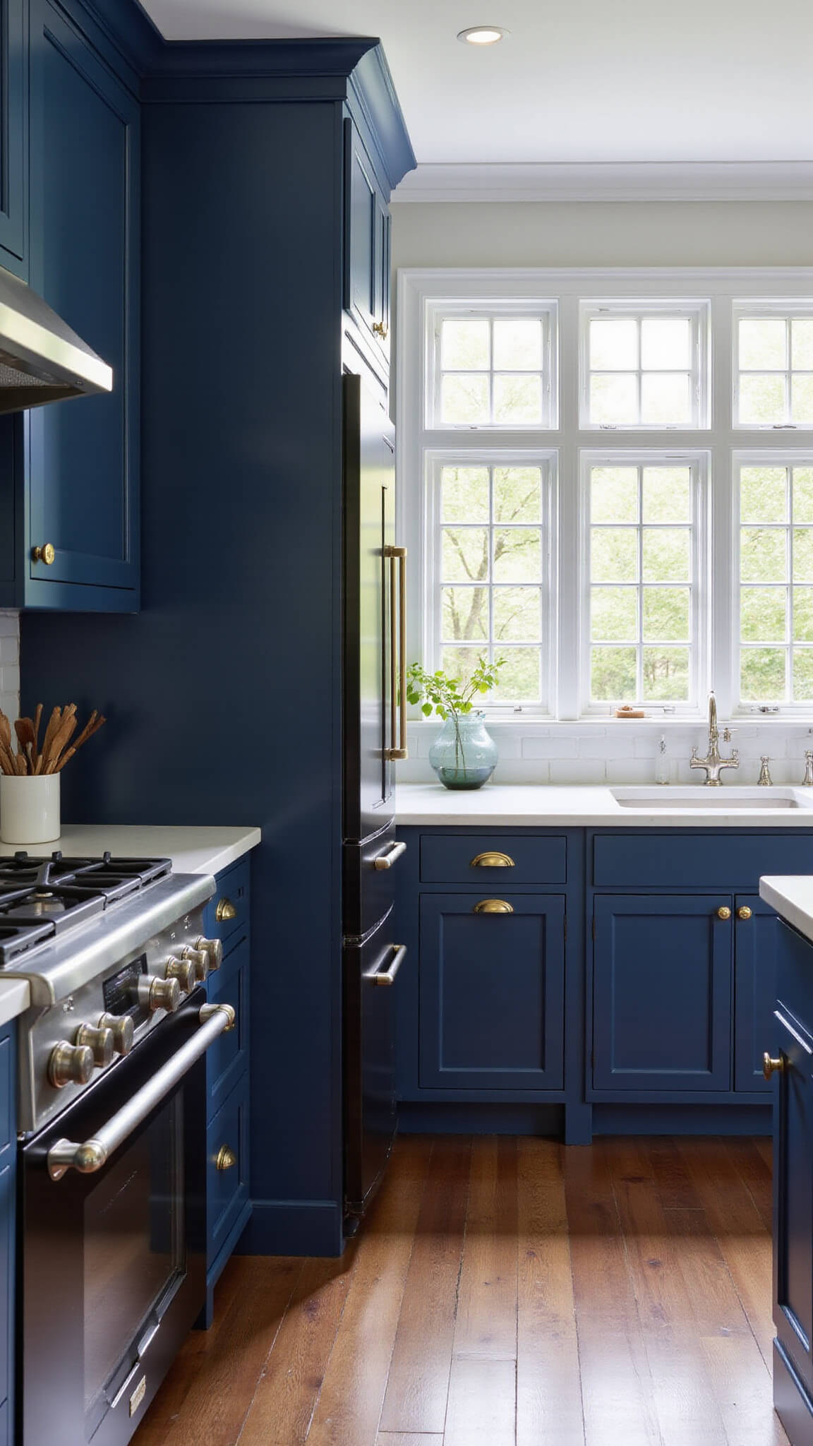 Navy blue shaker kitchen with black stainless appliances, white subway tile backsplash, brass hardware, and natural light in a 20x16ft space with nautical accents.