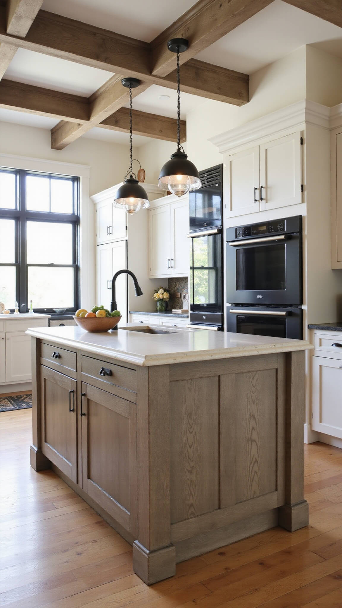 Modern farmhouse kitchen with weathered oak cabinets, white uppers, black stainless appliances, soapstone counters, and morning light through black-framed windows.