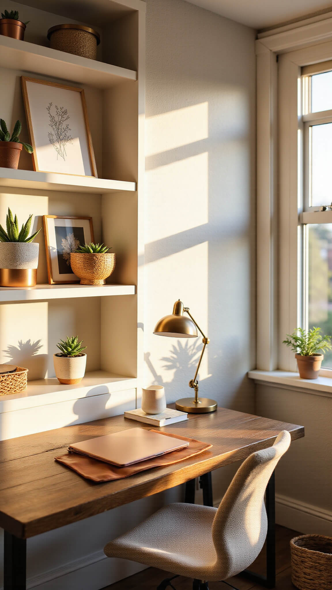 Sunlit home office nook with floating walnut desk, cream mesh chair, bay window, and built-in shelves displaying copper accents and succulents, bathed in golden hour light.