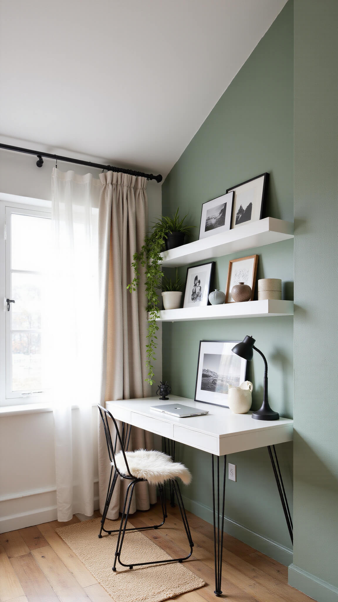 Modern Scandinavian workspace with white oak desk, ghost chair, and floating shelves in sage green alcove with vaulted ceiling and morning light filtering through linen curtains.