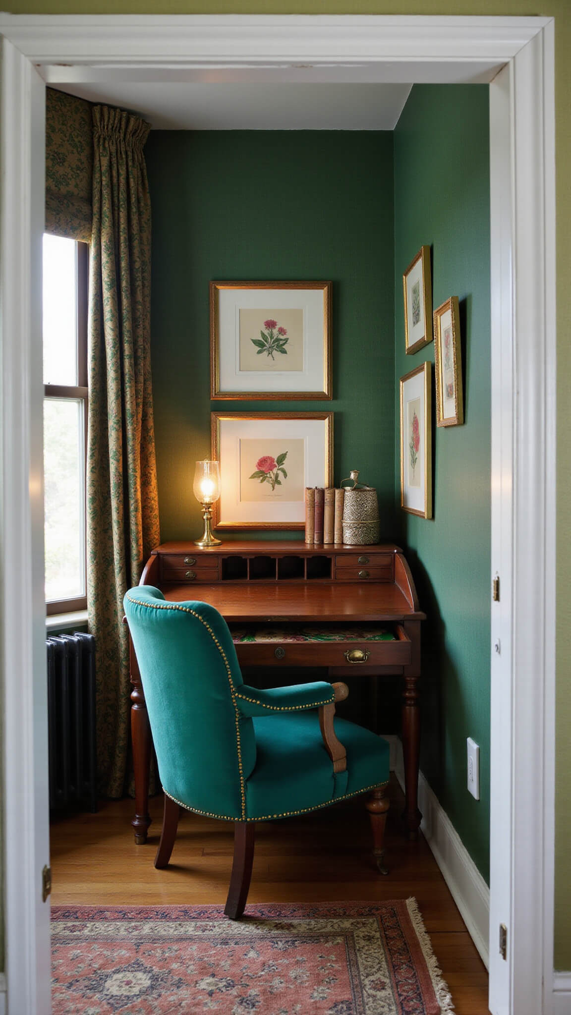 Cozy vintage office nook with emerald velvet chair, dark mahogany desk, gold-framed botanical prints, and emerald grasscloth wallpaper, lit by crystal lamp and afternoon light.