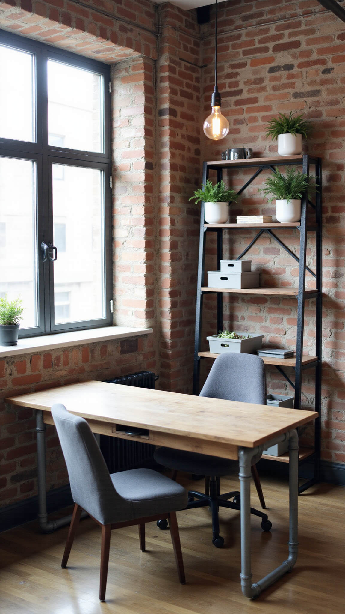 Industrial-modern loft workspace with reclaimed wood and steel desk, exposed brick wall, black metal shelving, and Edison bulb lighting under diffused midday light.