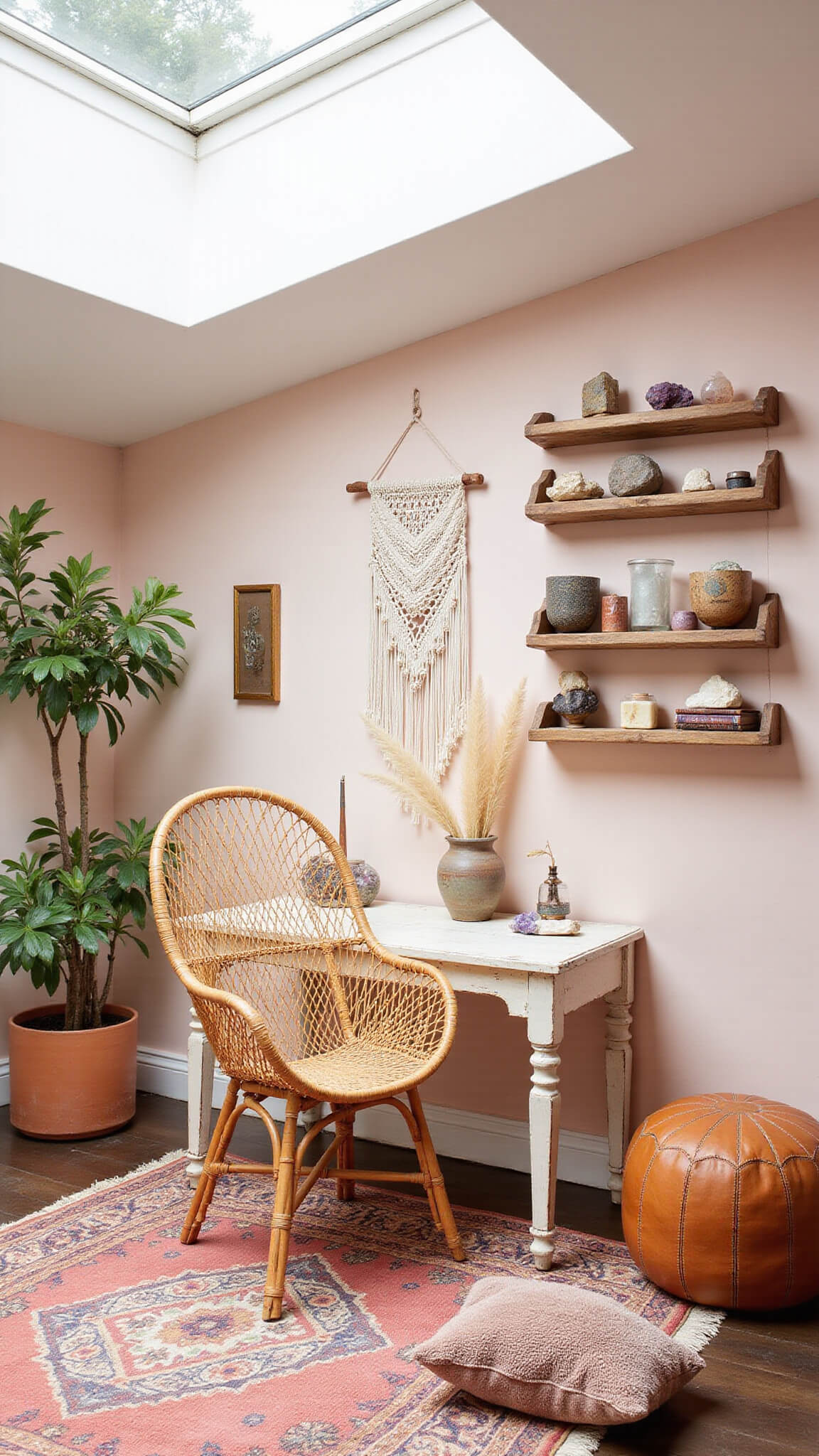 Bohemian creative nook with rattan peacock chair at vintage whitewashed table, blush pink wall with macramé, floating wood shelves holding crystals and art supplies, Moroccan leather pouf, and layered vintage rugs under skylight.