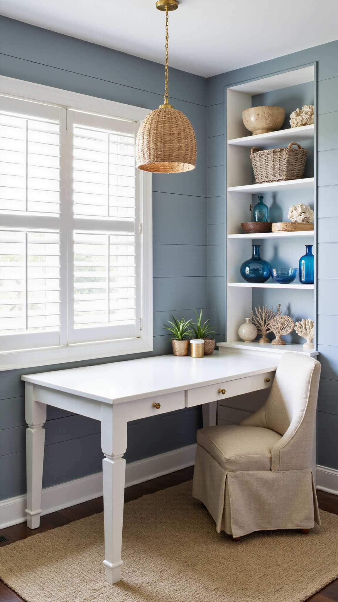 Coastal office nook with white desk, beige chair, rattan pendant, and built-in shelving in a blue-grey shiplap corner, bathed in morning seaside light.