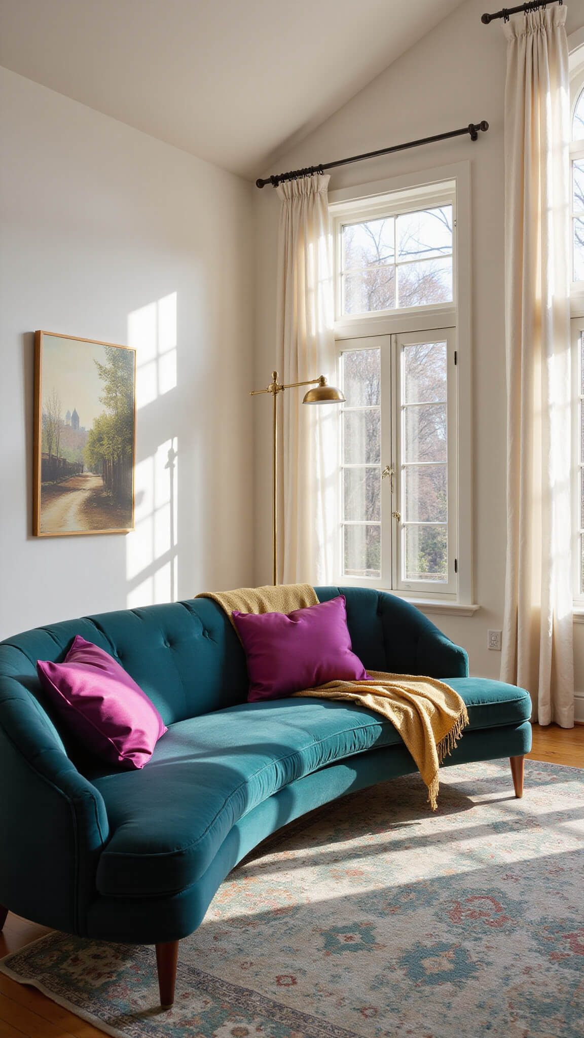 Sunlit living room with curved teal velvet sofa, magenta pillows, gold throw, vintage brass lamp, layered Persian rug, and sheer white curtains, bathed in golden hour light with natural lens flare.