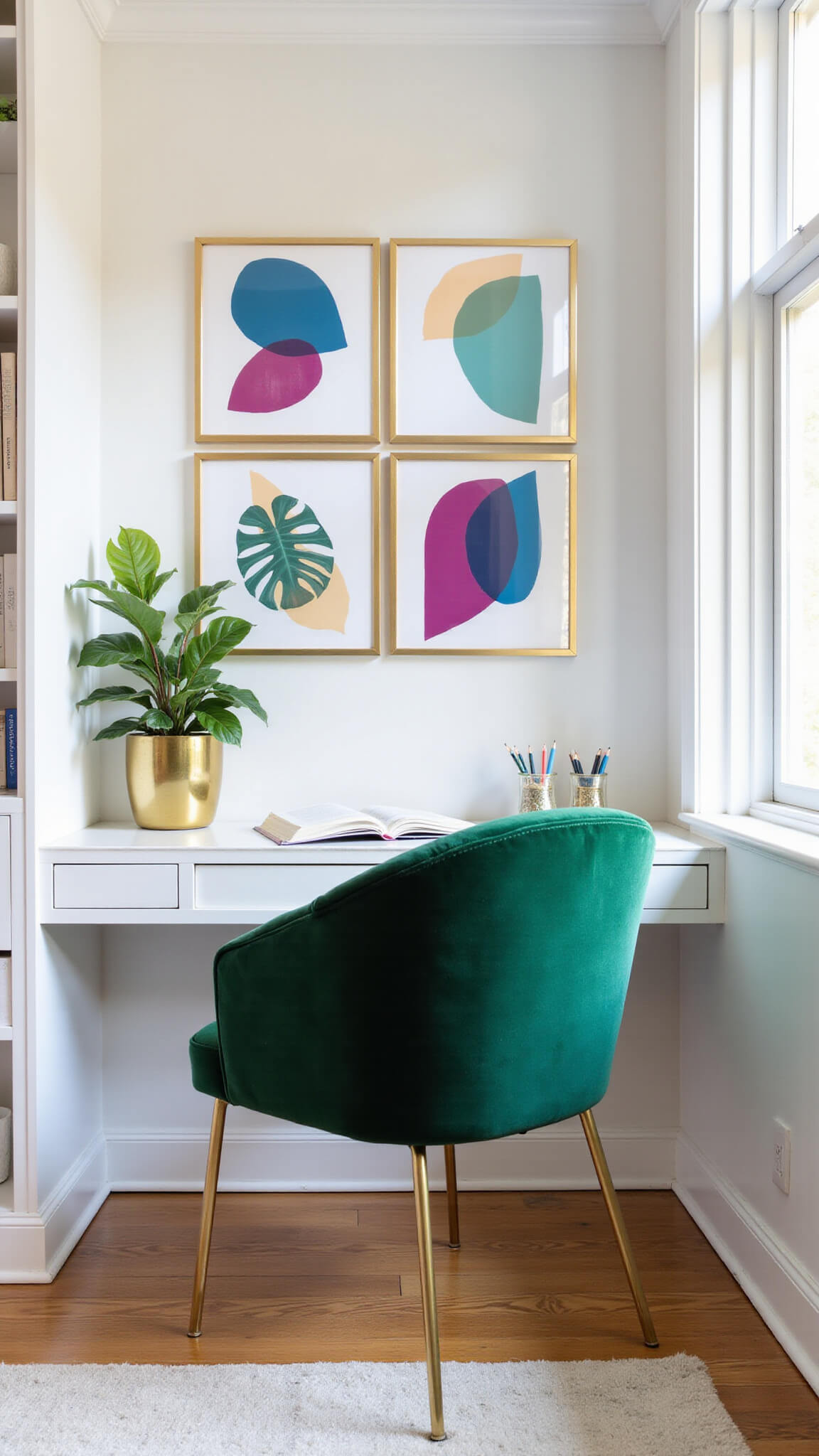 Modern home office nook with white built-in shelves, emerald velvet chair at brass writing desk, gold-framed abstract art, and potted monstera in morning light.