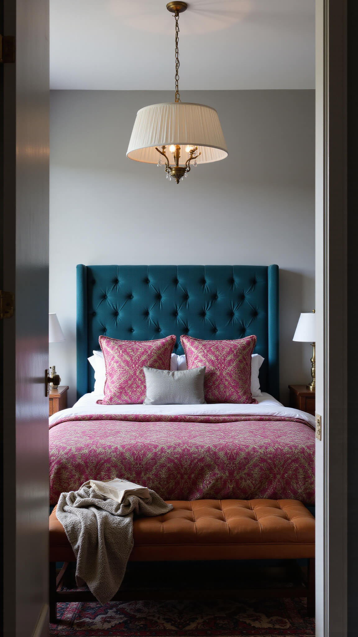 Cozy 15x18ft primary bedroom at dusk with deep teal velvet tufted headboard, magenta and gold bedding, brass lamps, Moroccan wedding blanket, and dimmed crystal chandelier, viewed from doorway.