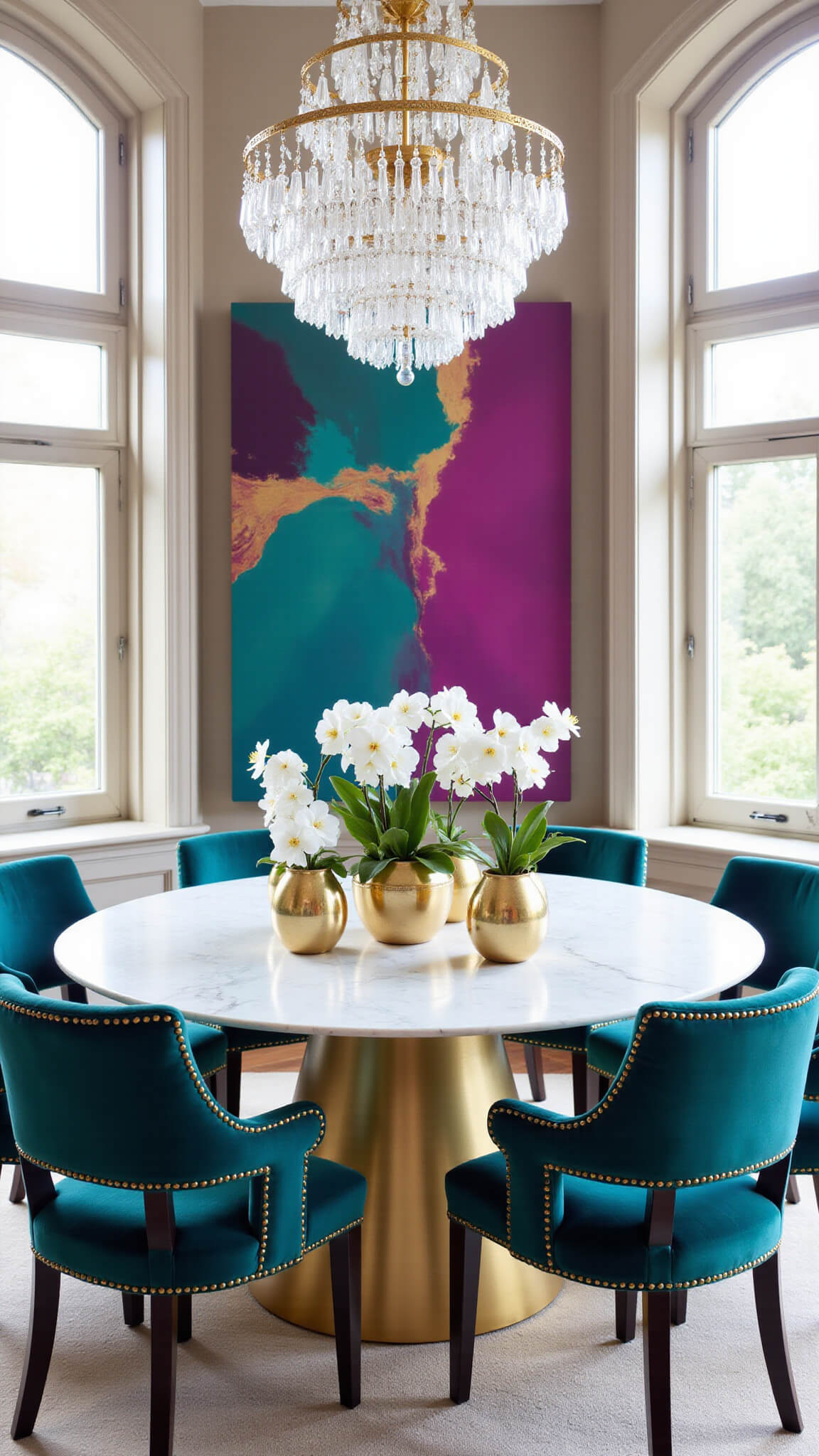 Sophisticated dining room with arched windows, marble table, teal velvet chairs, abstract canvas, and crystal chandelier, viewed from above.