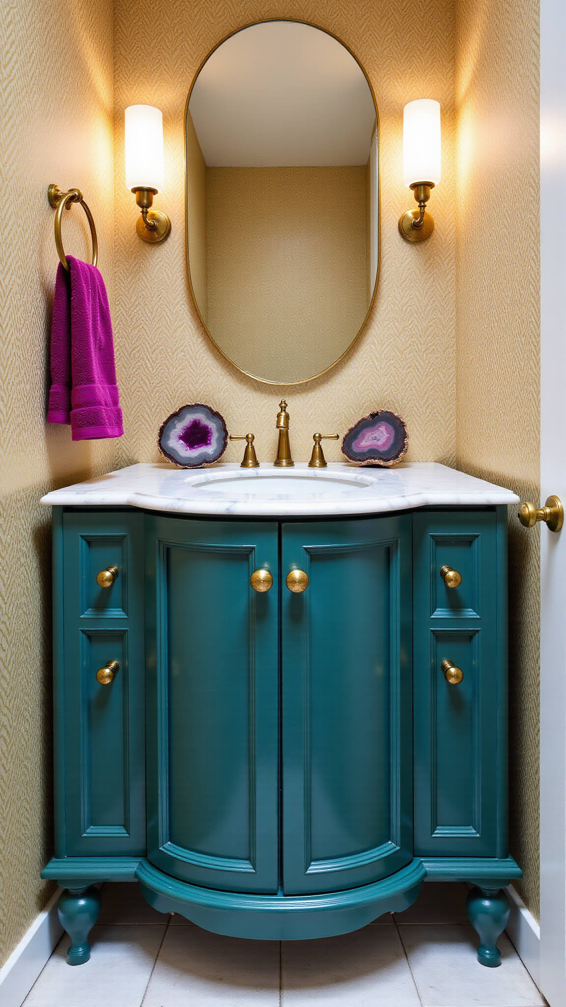 Art deco powder room with gold geometric wallpaper, teal marble-top vanity, brass accents, magenta towels, brass round mirror with lighting, and agate decor, shot straight-on for symmetry.
