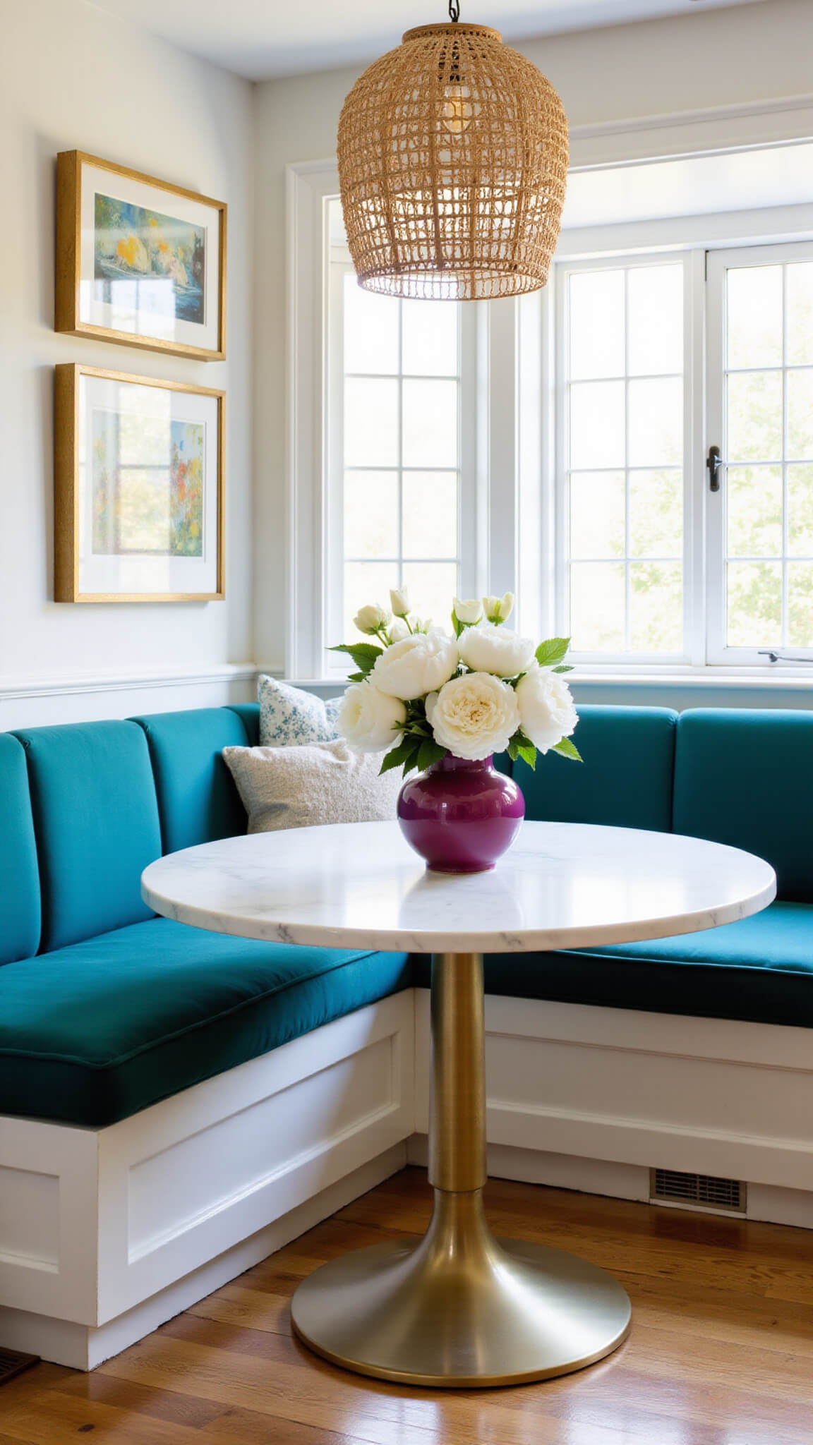 Breakfast nook with teal velvet banquette, brass and marble table, magenta vase of white peonies, and gold-framed abstract art in morning light.