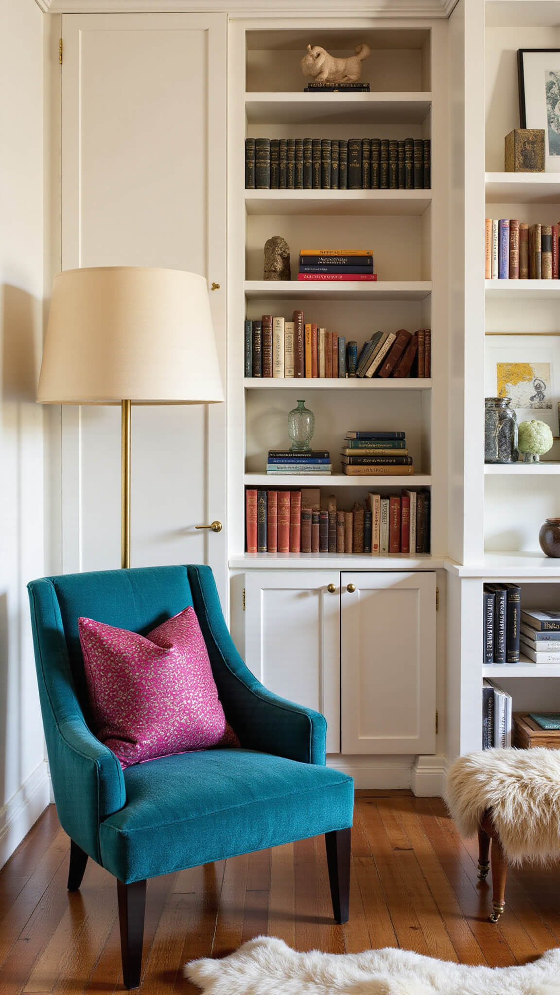 Cozy master suite reading corner with curved teal bouclé chair, warm white bookshelves, magenta and gold pillows, brass floor lamp, sheepskin throw, and stacked art books in late afternoon light.