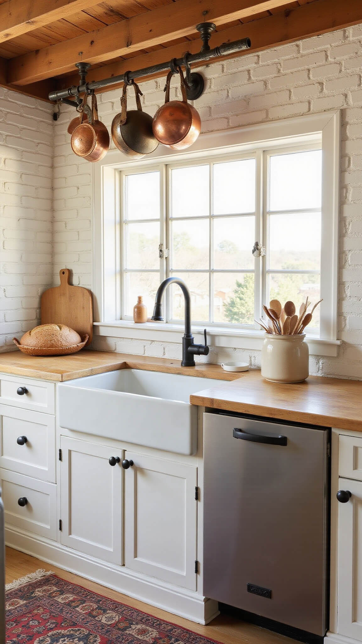 Sunlit farmhouse kitchen with exposed beams, white brick walls, oak island, copper pots, and vintage decor at golden hour.