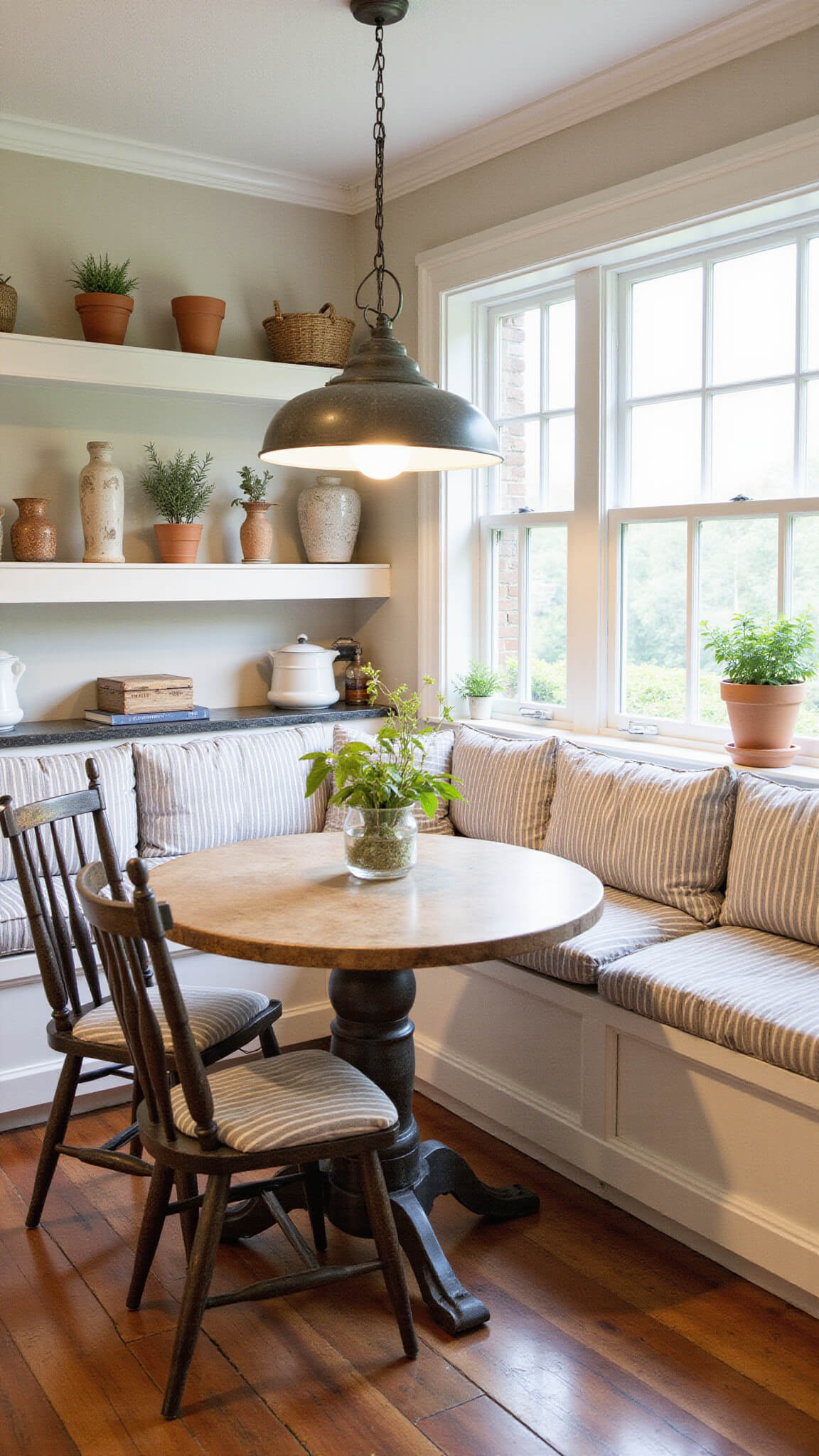 Cozy kitchen nook with farmhouse table, vintage chairs, and warm pendant lighting, viewed from above during blue hour.