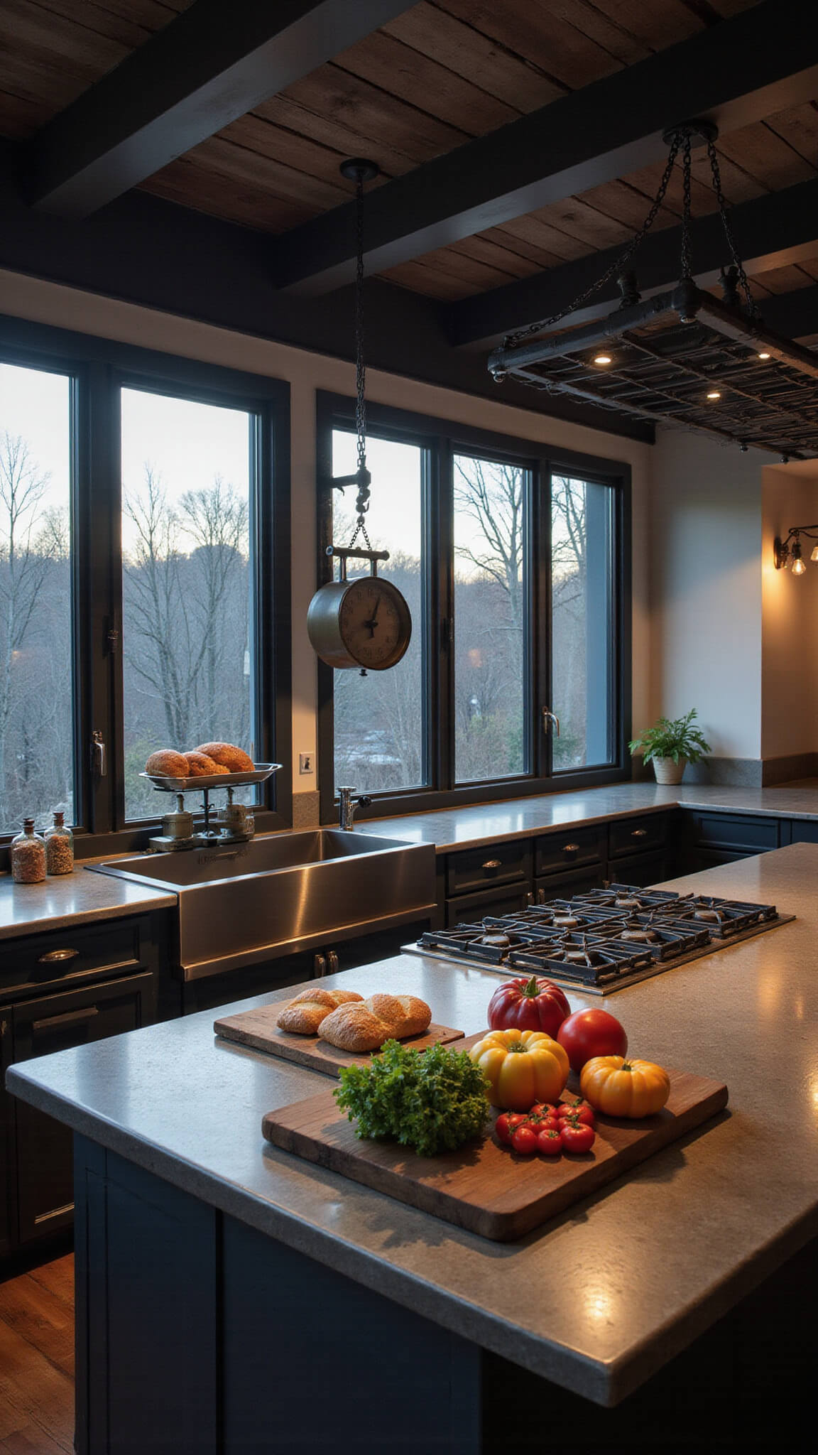 Moody dusk-lit kitchen with floor-to-ceiling steel windows, zinc countertops, vintage scale with bread, and backlit mise en place of vegetables.