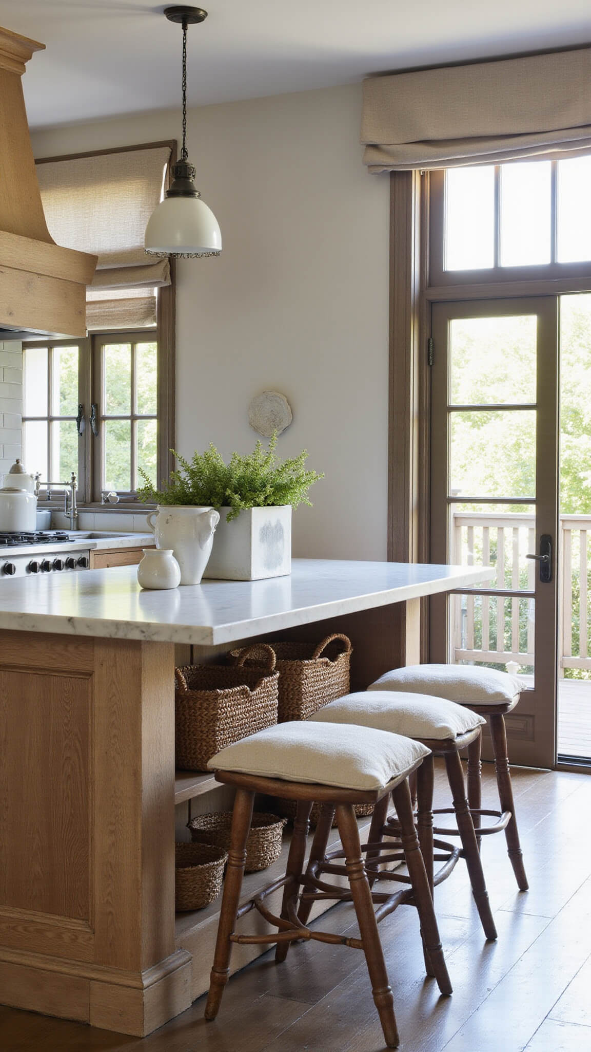 Refined rustic kitchen with white marble island, weathered oak base, open elm shelves with pottery, vintage bar stools, and French doors overlooking herb garden.