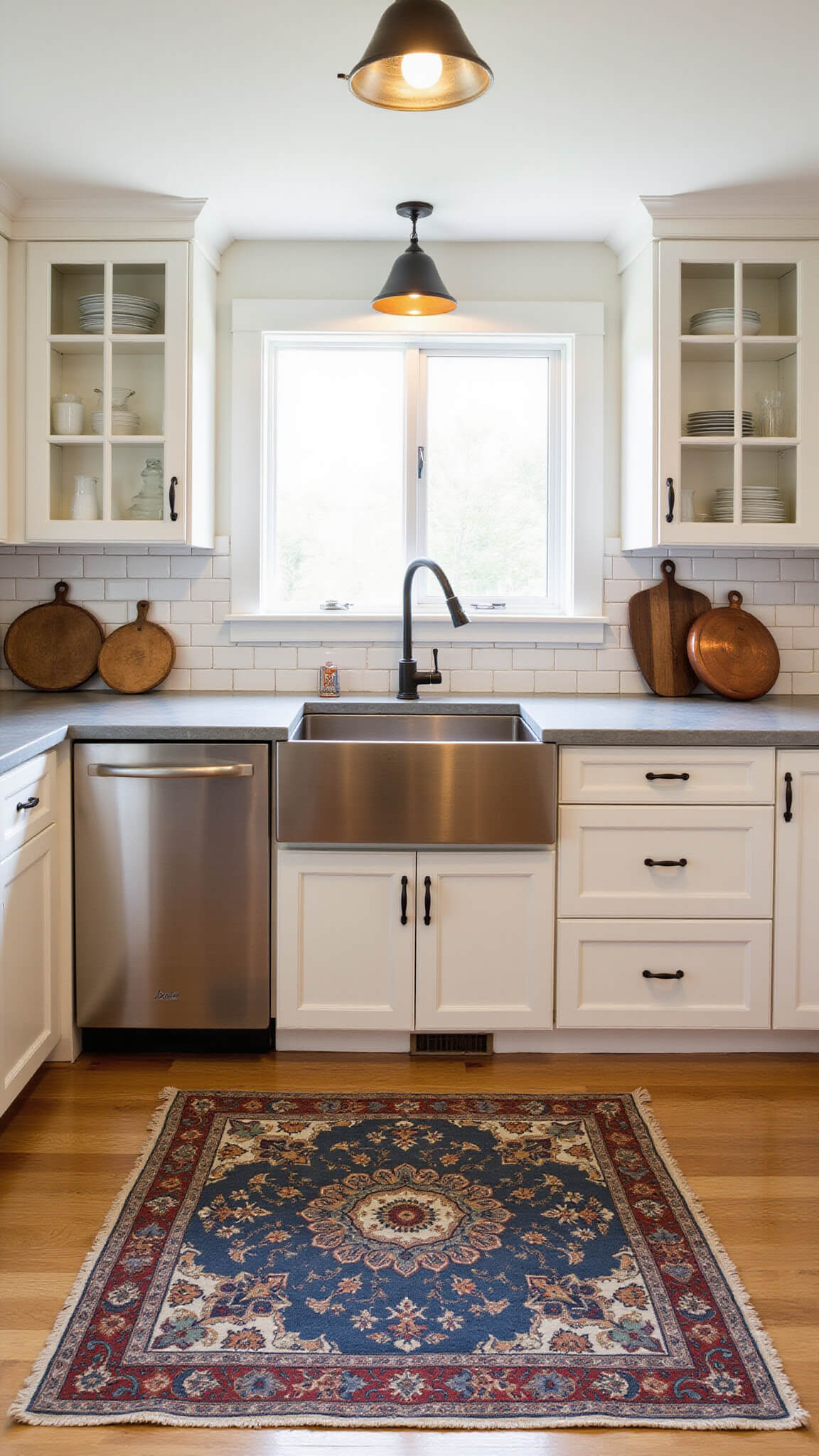 Overhead view of 12x14ft kitchen with white oak cabinets, soapstone counters, farmhouse sink, vintage runner, and copper cookware reflecting natural light.