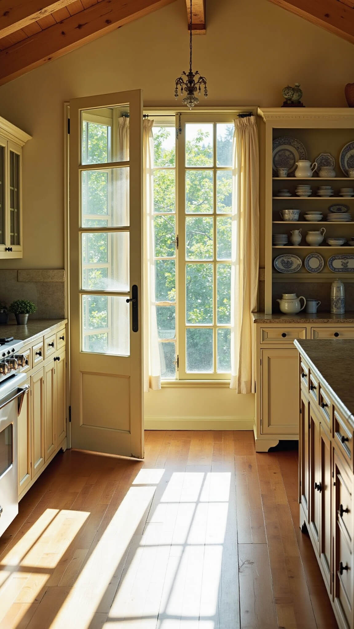 Sunlit kitchen with cathedral ceiling, rough-hewn beams, antique hutch, and open Dutch door revealing garden view.