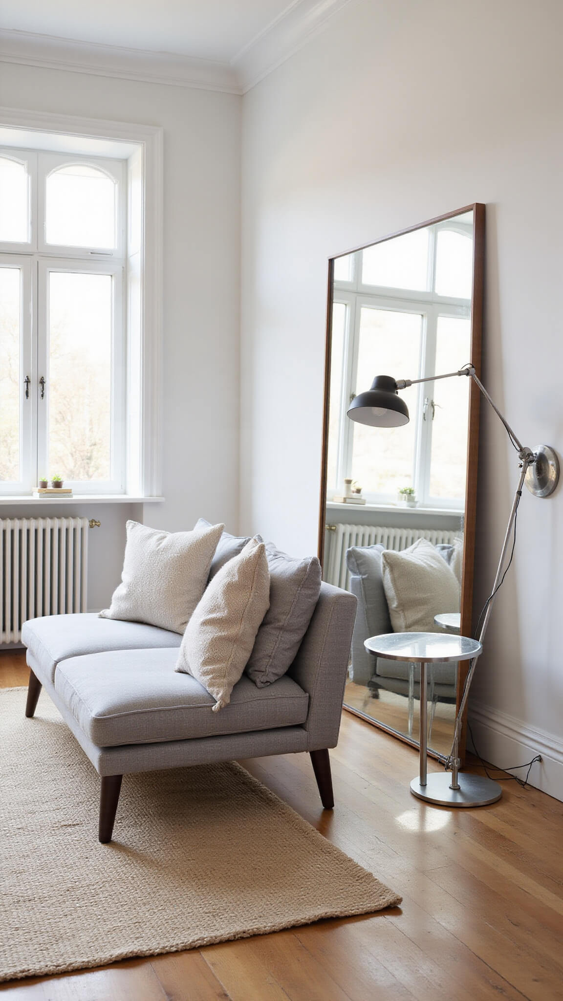 Bright Scandinavian living room with gray linen sofa, cream jute rug, acrylic side tables, and golden afternoon light reflecting off white walls and large west-facing windows.