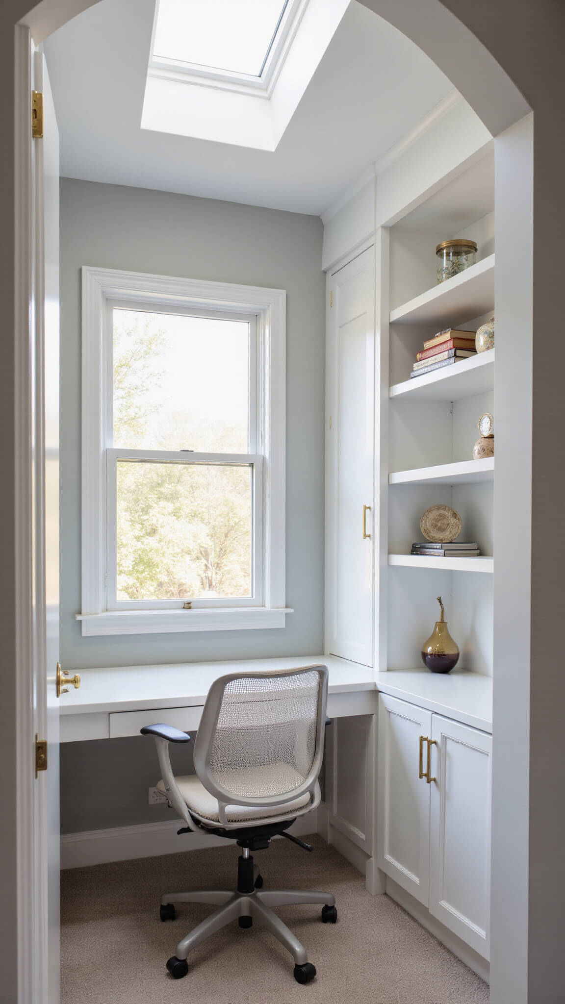 Light-filled 6x8ft home office nook with white floating desk, ergonomic mesh chair, skylight shadows, white shelves, and pearl gray walls creating a bright, professional space.
