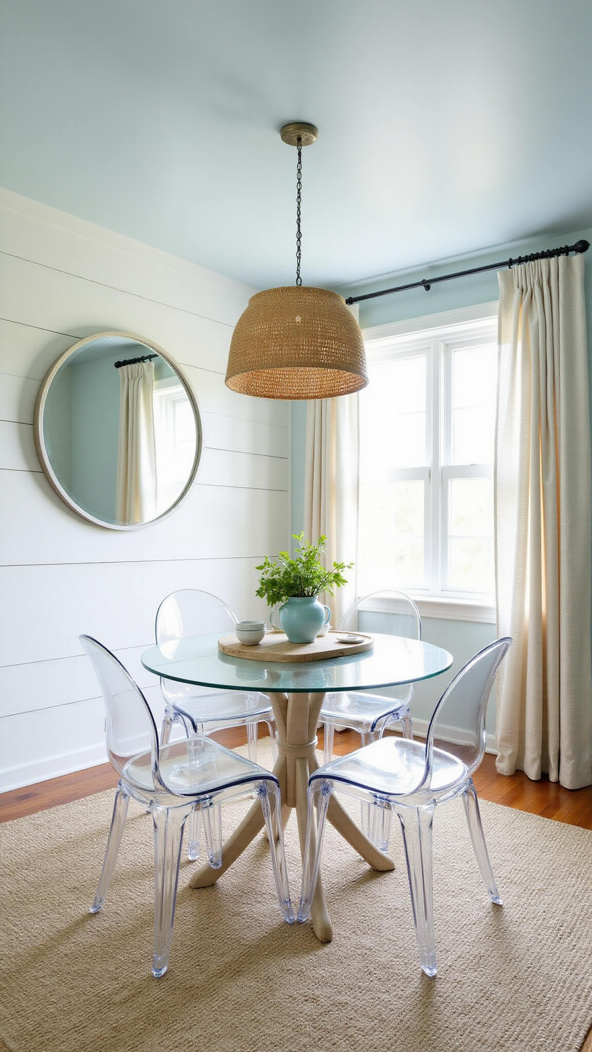 Coastal-themed dining room with glass table, ghost chairs, seagrass rug, and woven pendant light beneath a pale blue ceiling.