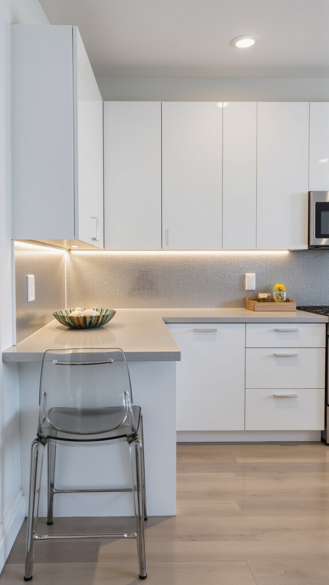 Minimalist 10x10ft kitchen with glossy white cabinets, quartz waterfall countertop, metallic backsplash, and acrylic barstools under floating breakfast bar.