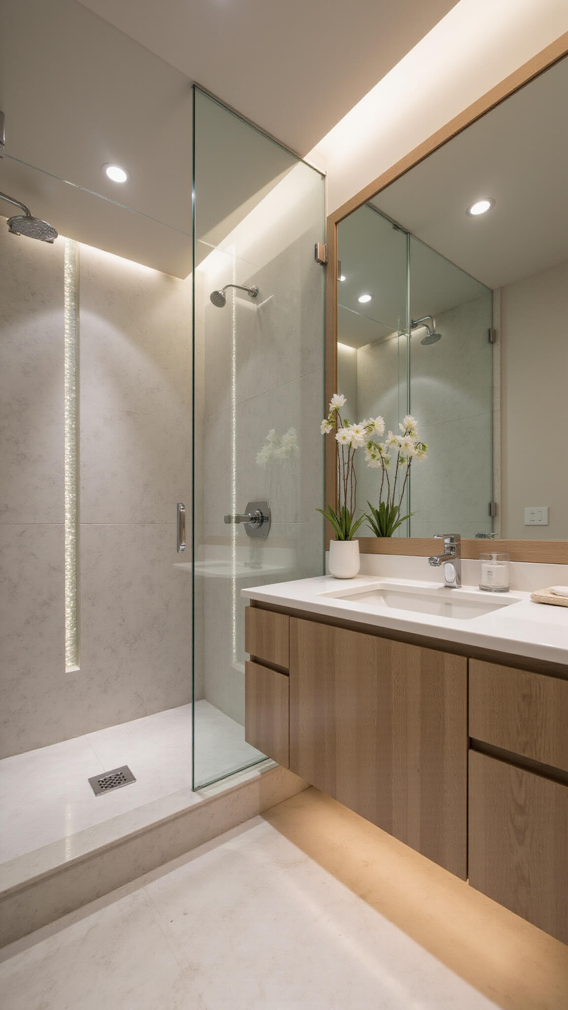 Zen-style 5x8ft bathroom with marble-look tiles, floating oak vanity, frameless glass shower, integrated lighting, and spa-like ambiance.