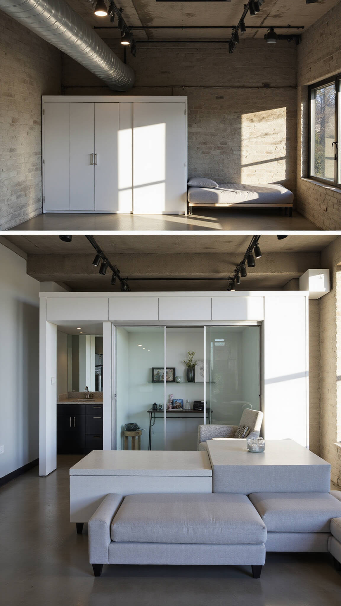Open-concept 15x15ft studio with high ceilings, modular gray seating, concealed Murphy bed, glass dividers, and dramatic late-day sunlight.