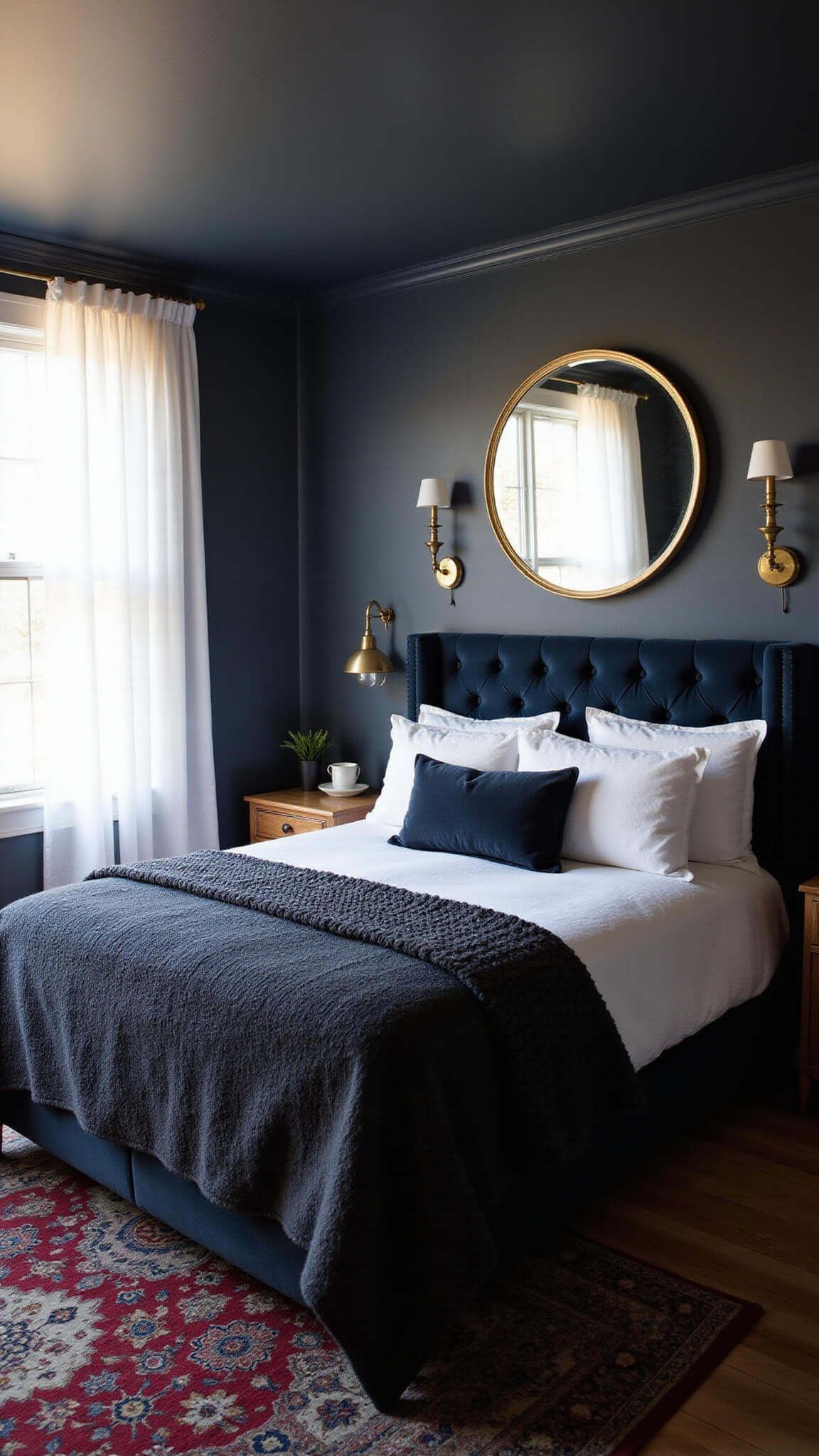 Cozy master bedroom with navy walls, tufted velvet bed, and warm golden hour lighting through sheer charcoal curtains.