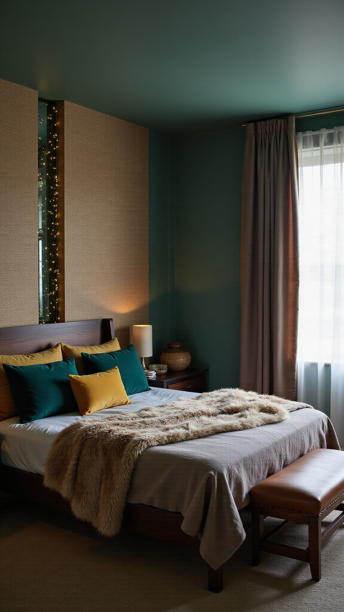 Moody dusk bedroom with Studio Green walls, queen black walnut bed, velvet pillows, faux fur throws, grasscloth wallpaper, string light bokeh, and natural decor elements.