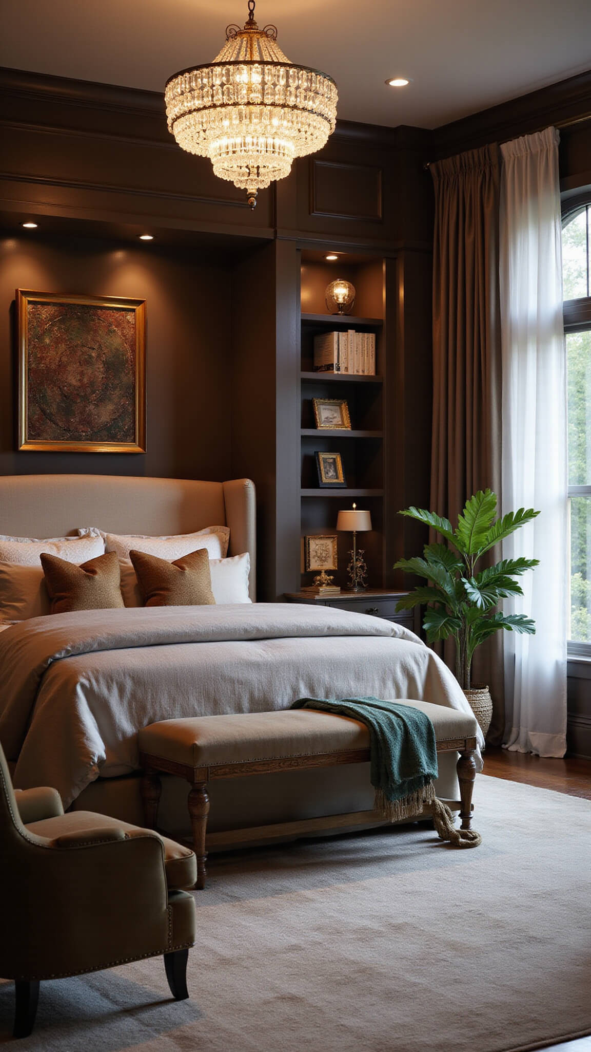 Wide-angle view of luxurious 16x18ft bedroom at twilight with Urbane Bronze walls, California king bed, built-in shelving, crystal chandelier, rich textures, and emerald green plants.