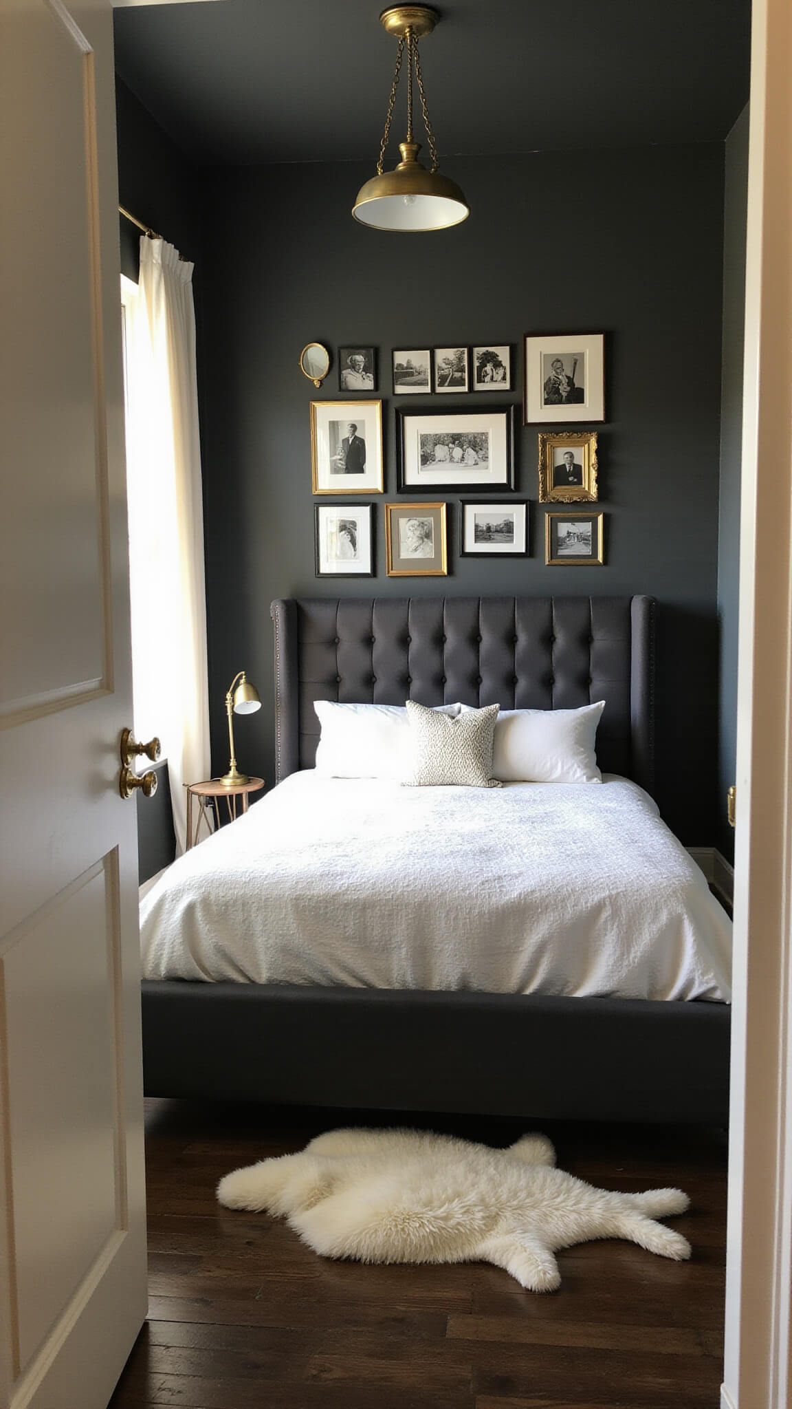 Eye-level view of cozy 10x12ft bedroom with dark charcoal gray walls, plush queen bed, white bedding, vintage brass lamp, sheepskin rug, gallery of black and white photos, and crystal accents glowing in sunrise light.