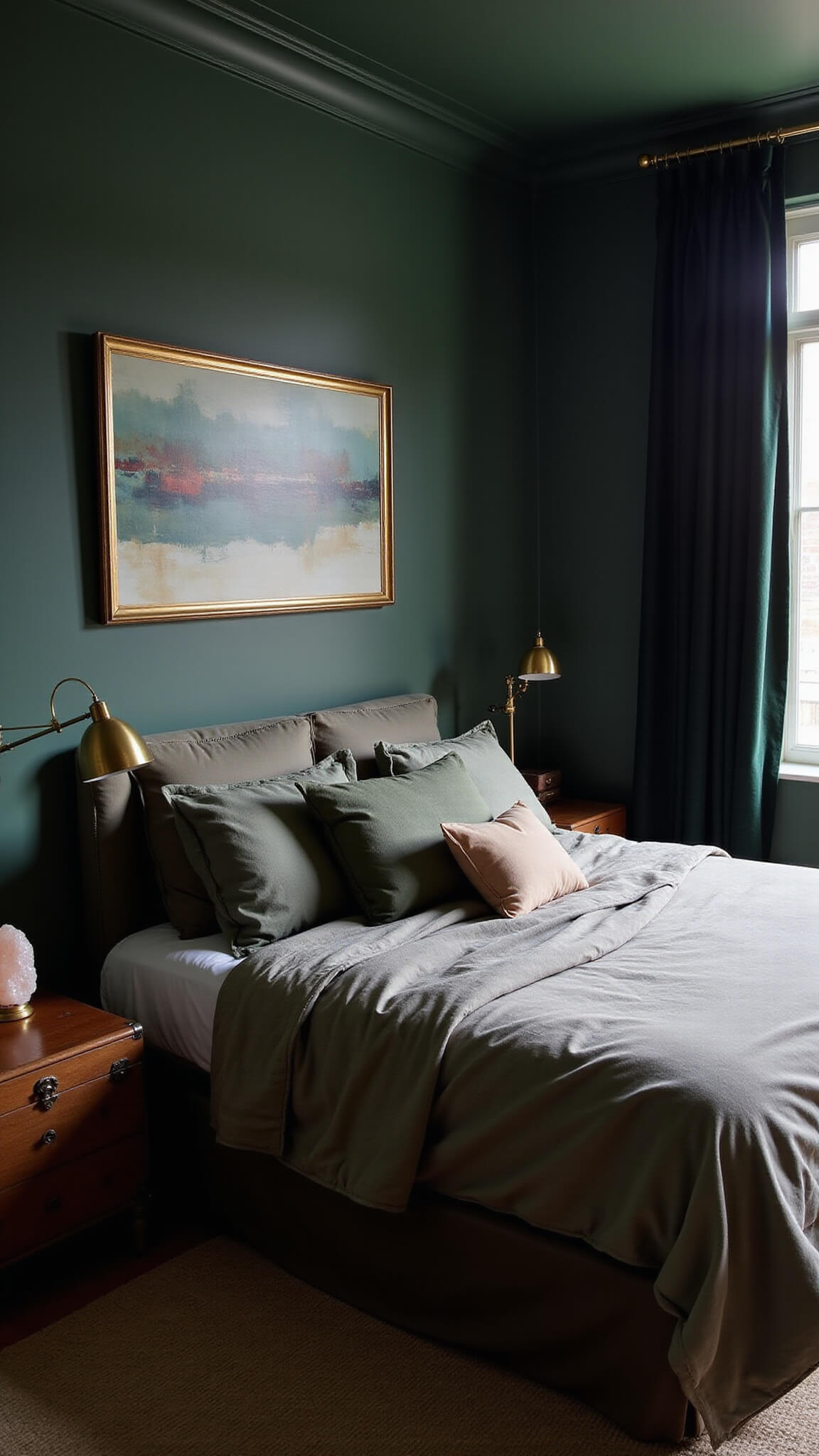 High-angle nighttime view of cozy 15x15ft bedroom with dark green walls, king bed layered in rich linens, brass sconces, salt lamp, vintage trunk nightstand, and abstract art.