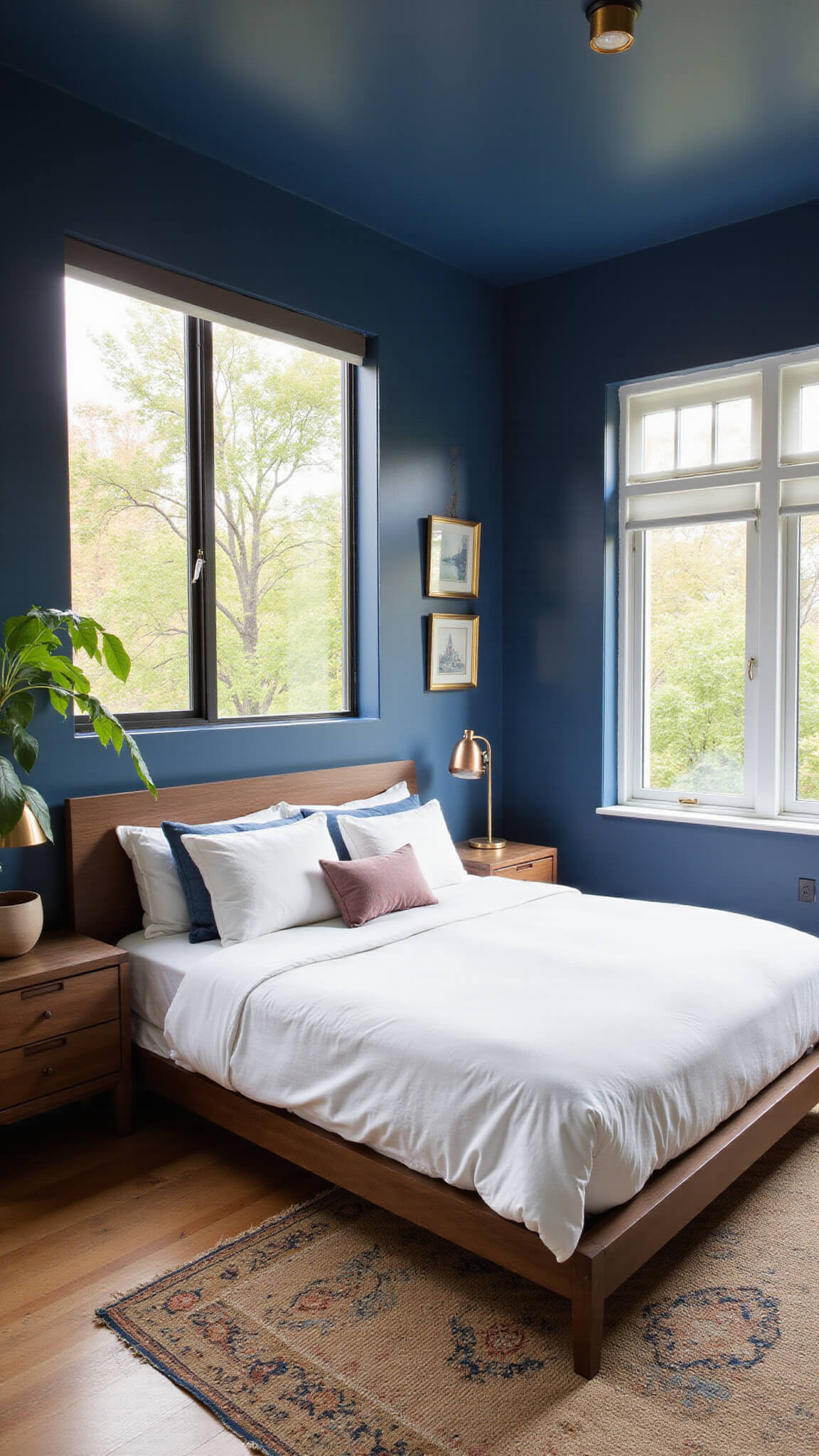 Corner view of cozy 13x14ft bedroom with navy blue walls and ceiling, dark walnut platform bed, warm copper pendant lighting, layered vintage Persian and jute rugs, and minimal earth-tone decor with a tall fiddle leaf fig.