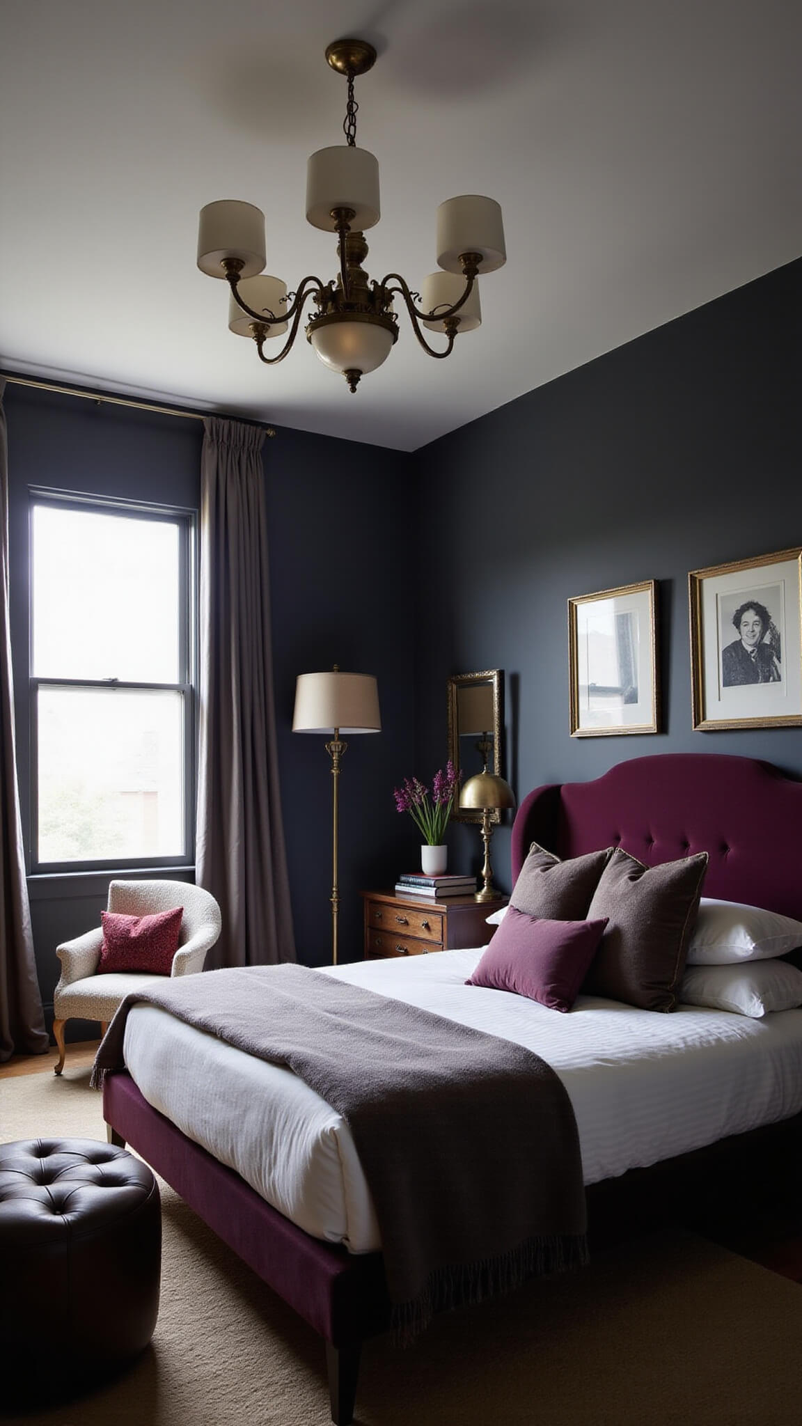 Low-angle view of a moody 12x16ft charcoal bedroom at dusk with aubergine velvet bed, brass chandelier, silk curtains, and Art Deco accents.