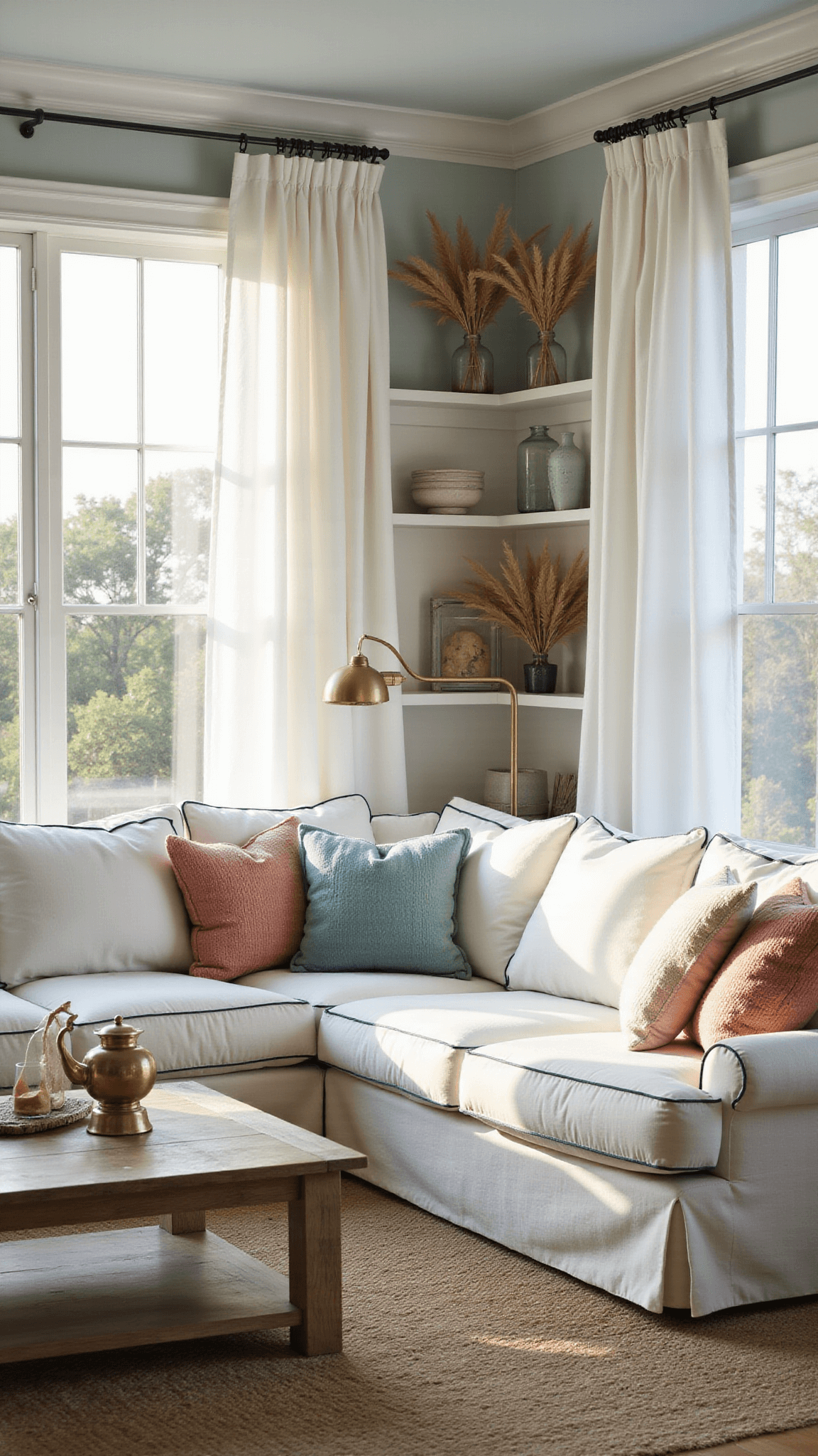 Coastal living room bathed in golden hour light with white slipcovered sofa, driftwood coffee table, and billowing sheer curtains against floor-to-ceiling windows.
