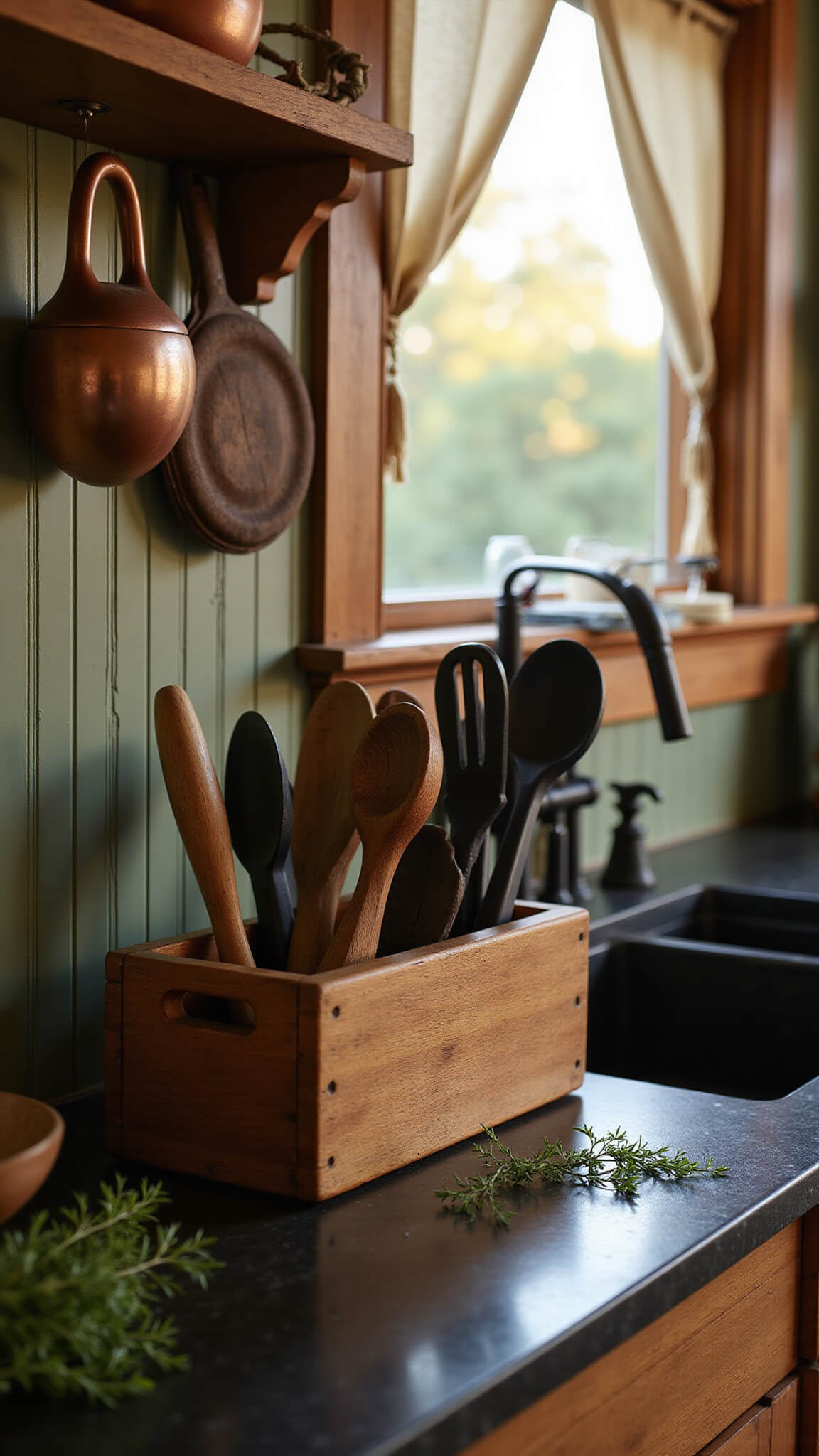 Rustic country kitchen with wooden utensil caddy on dark countertops, sunlit sage green backsplash, vintage spoons, copper pots, fresh thyme, and pottery bowl in moody golden hour lighting.