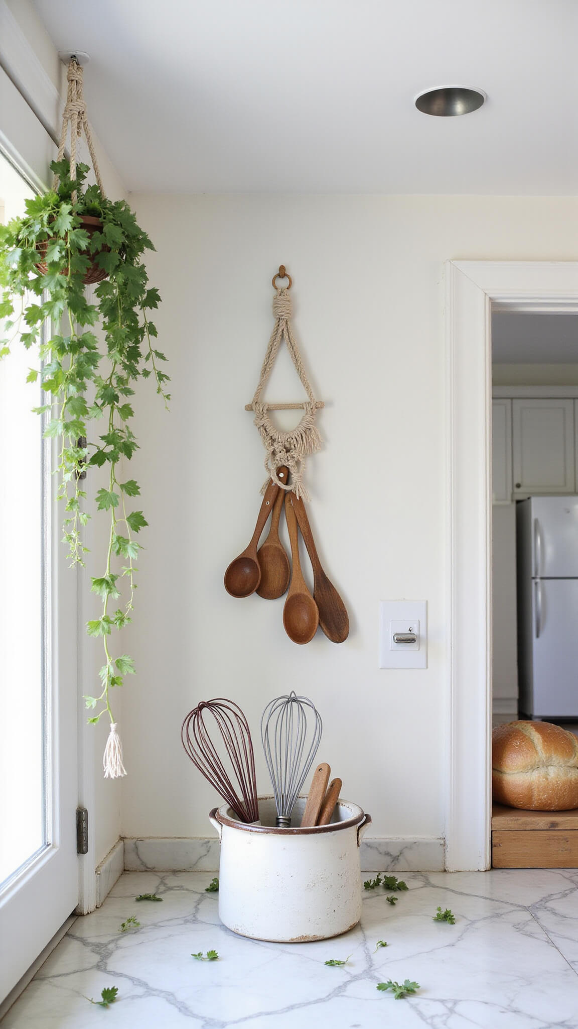 Farmhouse kitchen corner with ceramic utensil holder on marble counter, vintage tools, ivy in macramé hanger, and morning light casting crisp shadows.