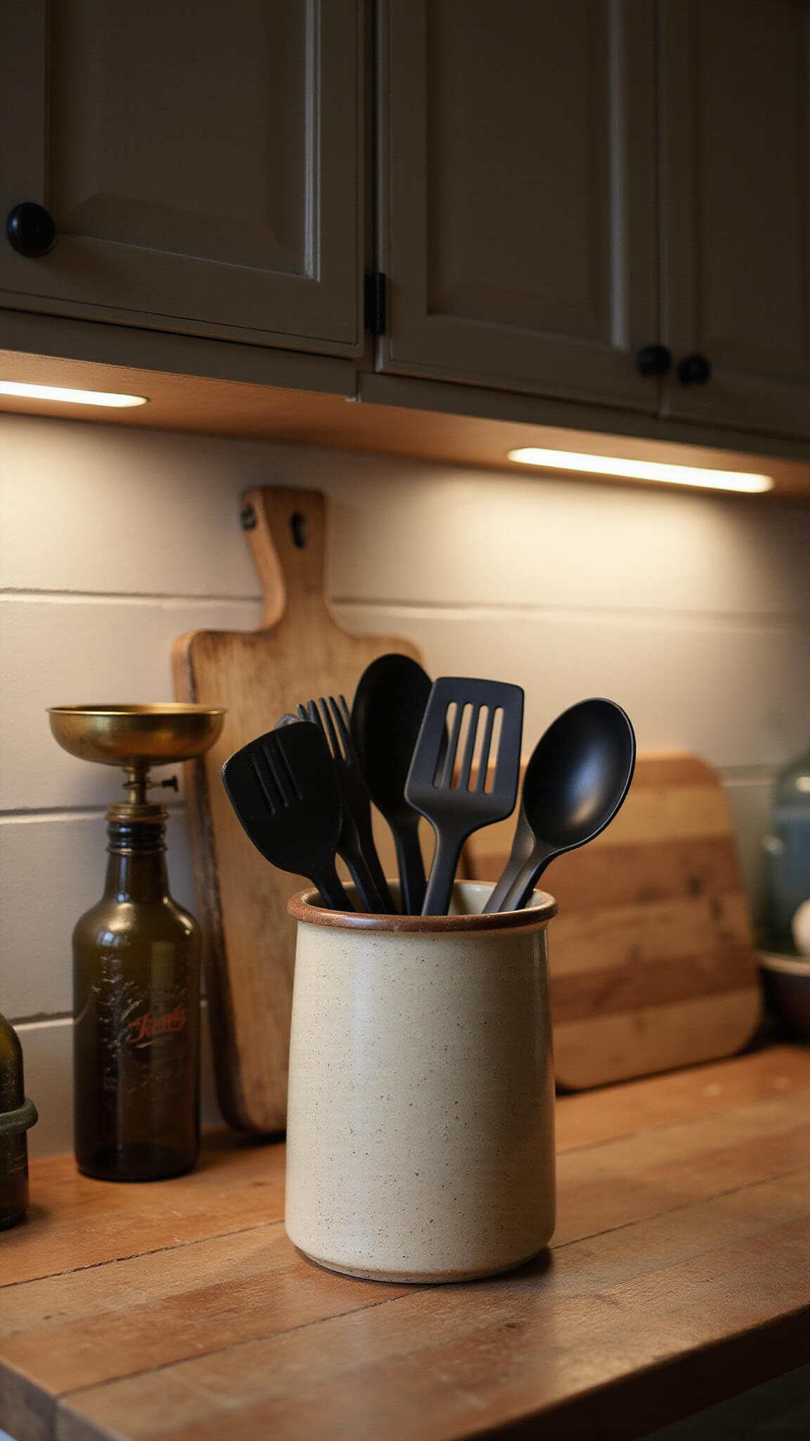 Close-up of a farmhouse kitchen workstation at dusk featuring a tall speckled cream utensil holder with black utensils, warm under-cabinet lighting, vintage scale, and weathered cutting board on butcher block countertop.