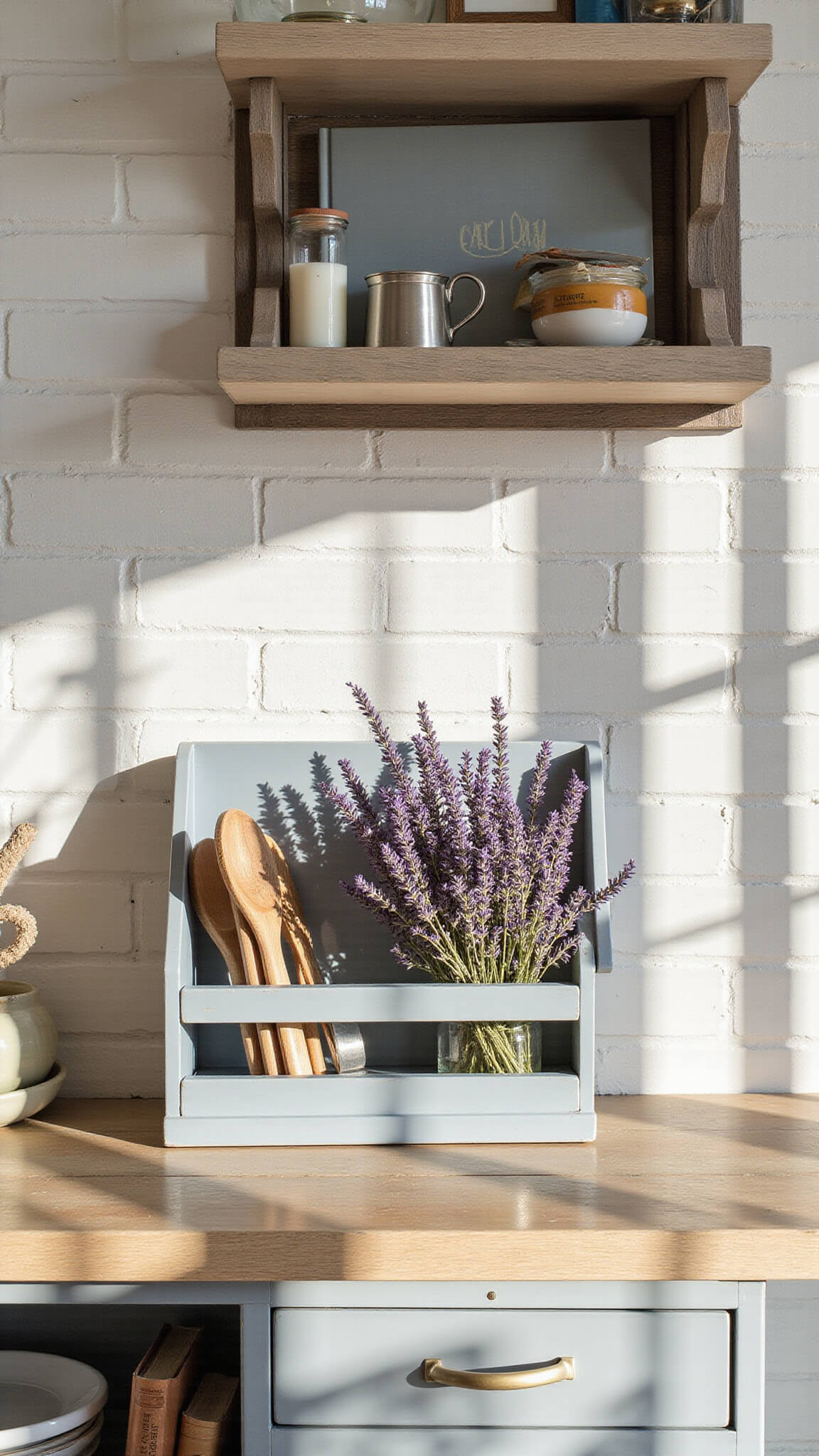 DIY chalk-painted utensil holder on rustic open shelving in sunlit breakfast nook, with natural wood and stainless utensils, dried lavender, and vintage cookbooks against a white-washed brick wall.