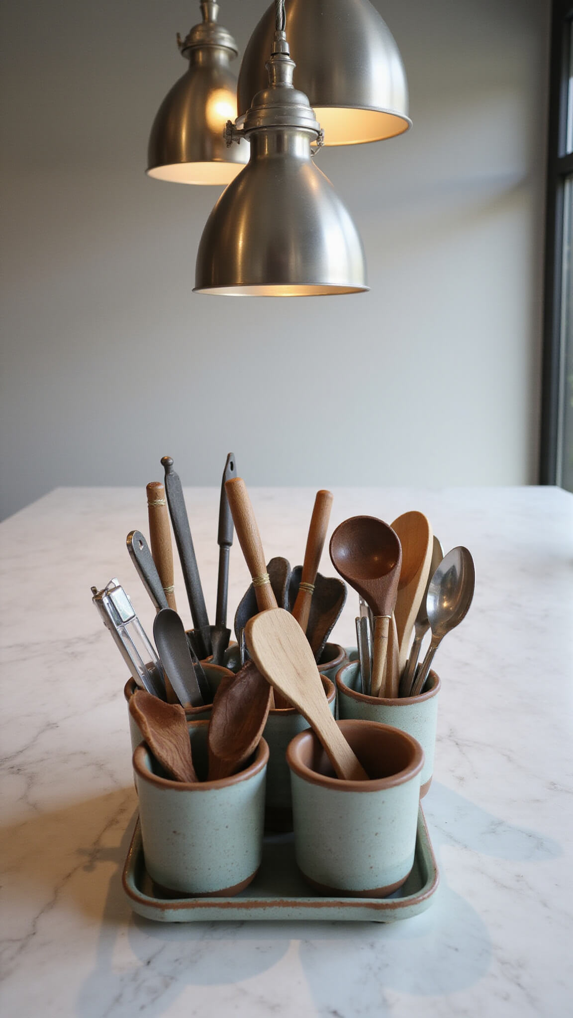 Overhead view of a professional kitchen island with marble top, industrial pendant lighting, and grouped handmade pottery utensil holders filled with stainless steel and wooden tools.